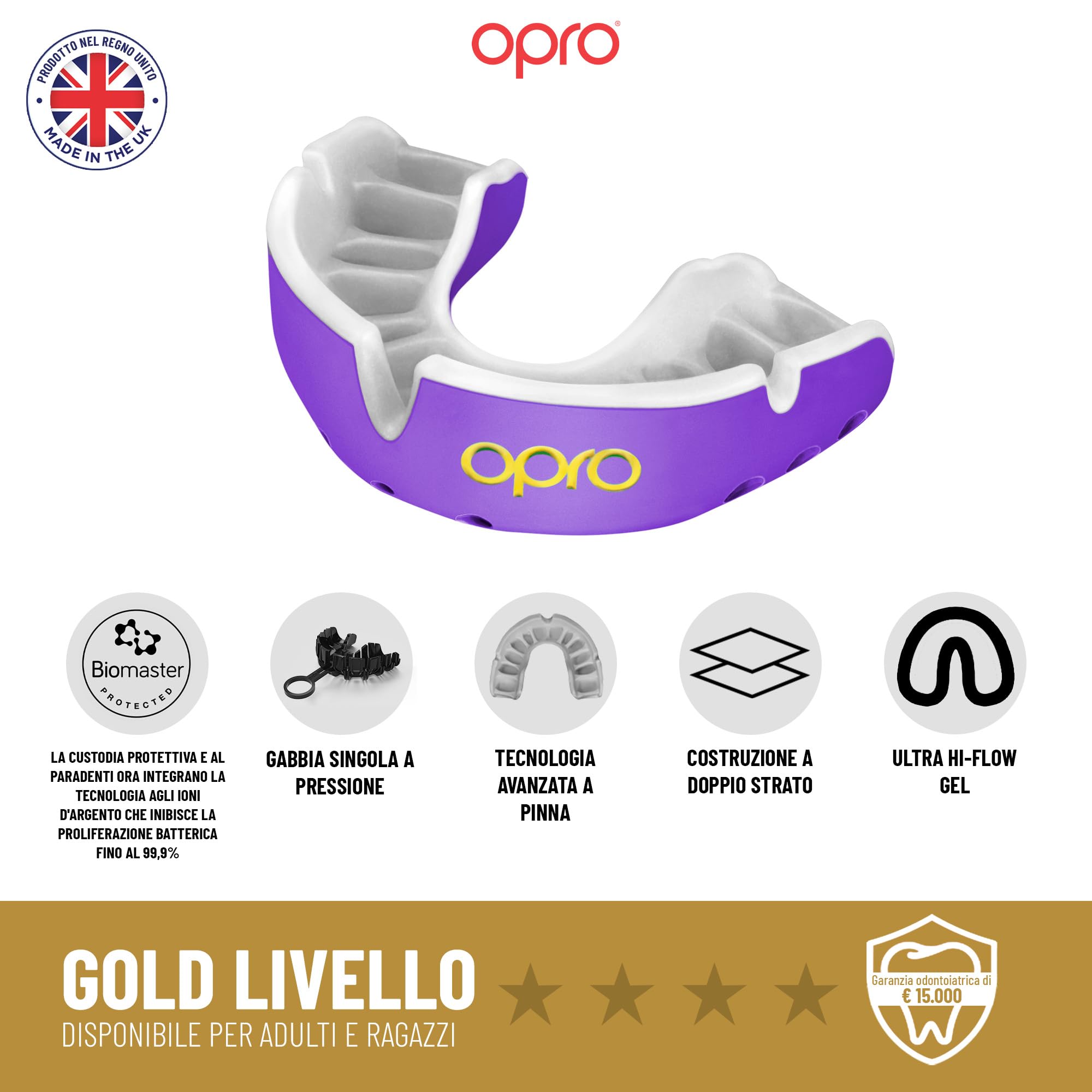 OPRO Paradenti Livello Oro – Aderenza Ottimale – Paradenti per Boxe, MMA, Rugby, Hockey – Protezione Dentale per Adulti e Bambini – Facile da Modellare – Con Garanzia Dentale