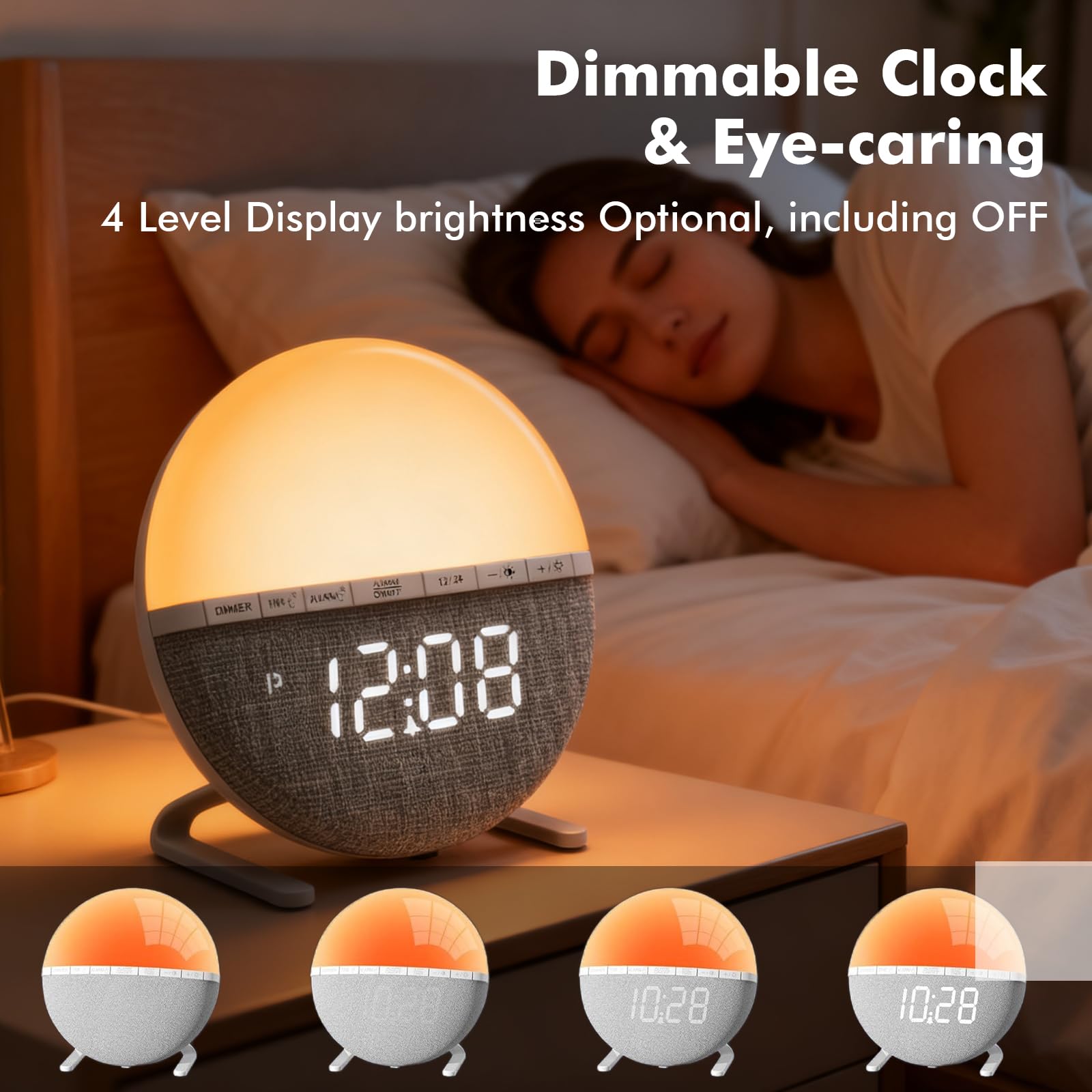 Despertador Luz Amanecer, Simulador de Amanecer con Función de Repetición, Despertador Luz Natural, Wake Up Light con 10 Niveles de Brillo, 7 Sonidos Naturales, 8 Modos de Color para Adultos y Niños
