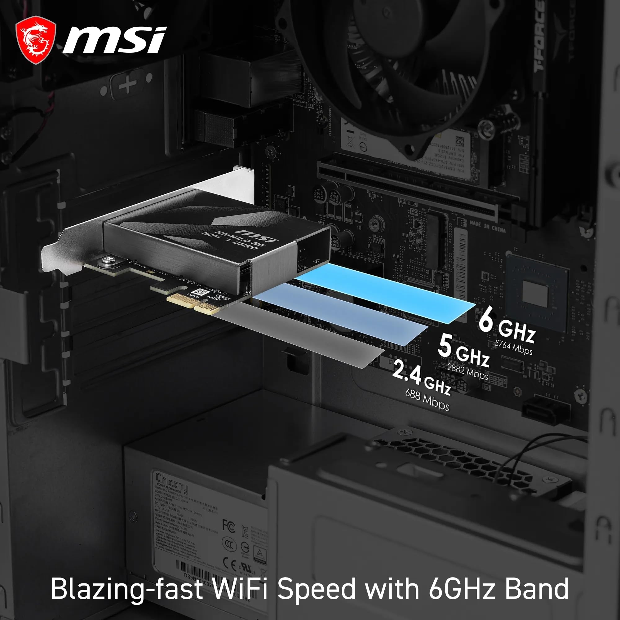MSI Herald BE9400 - Tarjeta PCIe WiFi 7 tribanda, para Ordenador de sobremesa, Bluetooth 5.4, 6 GHz, MLO, 320 MHz, 5.8 GB/s