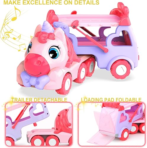 Miniatura 5 de Juguetes para niñas de 3 años, camión transportador de unicornio 5 en 1 con luces y sonidos, juguetes para niñas pequeñas de 3 a 5 años, regalos de