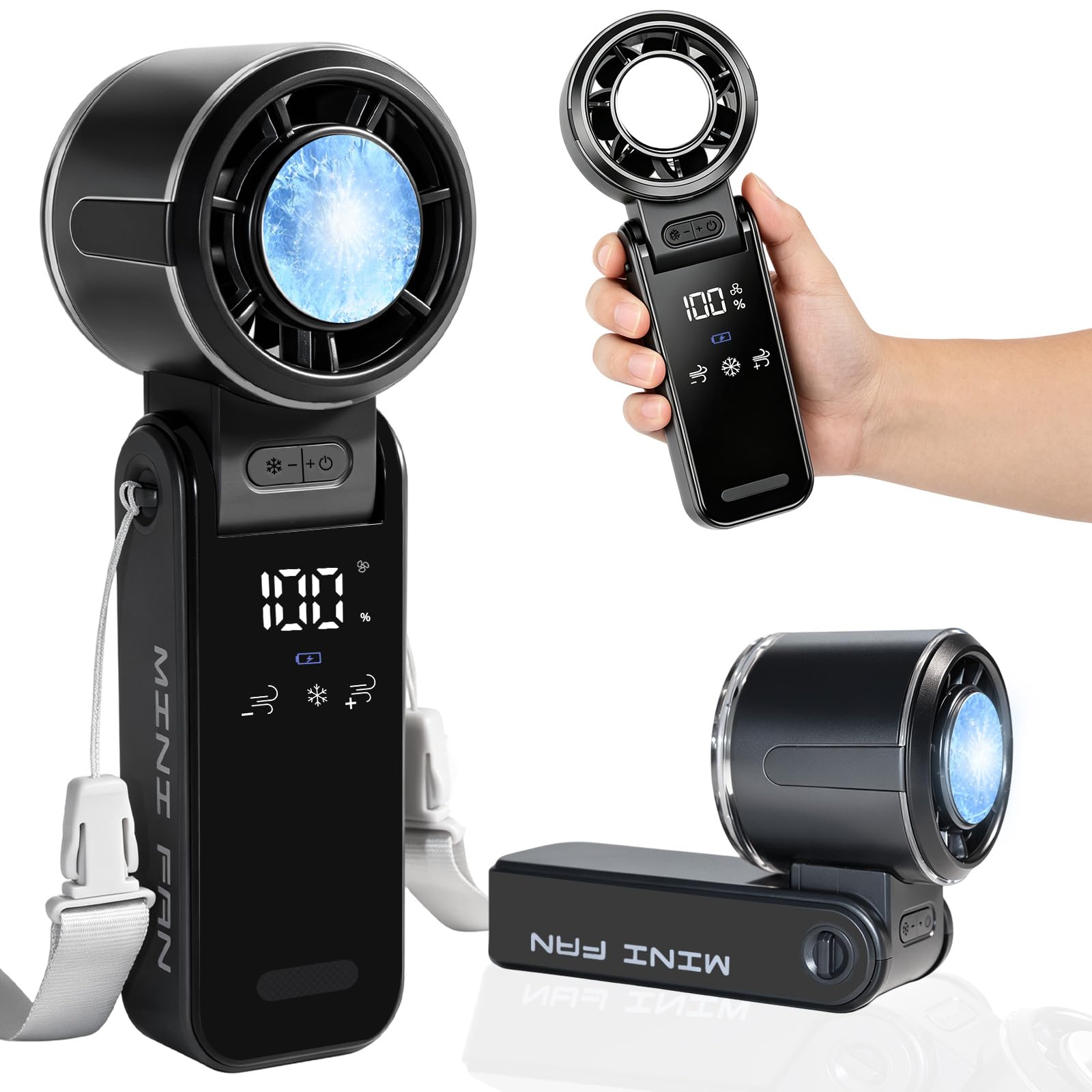 KEGOZ Handheld Portable Turbo Fan with Ice Cooler, Powerful 21000 RPM Brushless Motor Handheld Fan, 4000mAh Rechargeable Foldable Portable Mini Fan, LED Display Personal Fan for Outdoor/Travel/Office