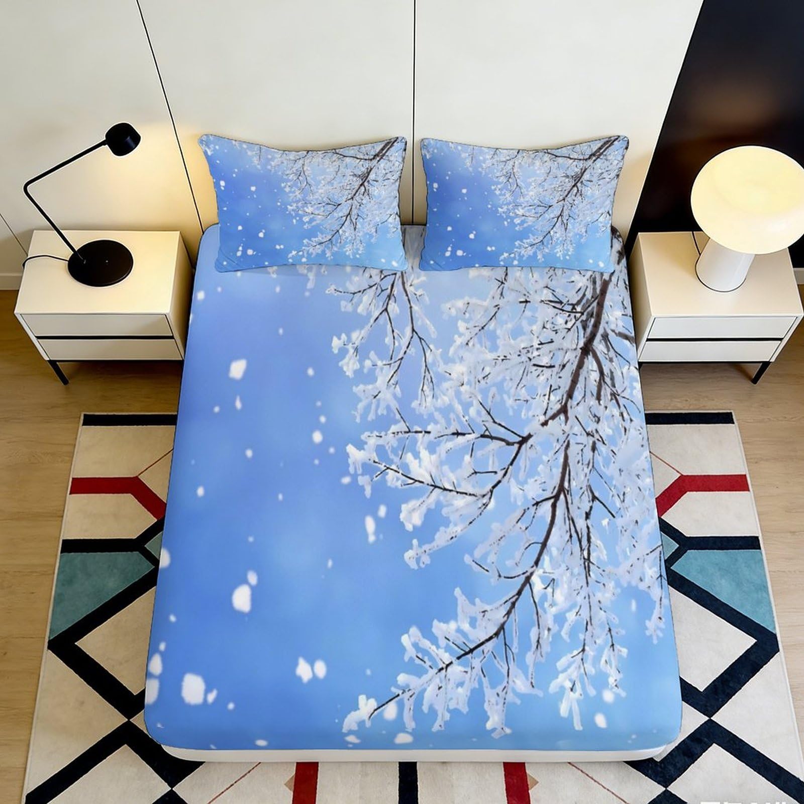 3D Printed Snow Scenery Branch Fitted Sheet Microfiber Deep Pocket Non-Slip Snow Branch Mattress Fitted Cover for Bedroom 200x200x25cm