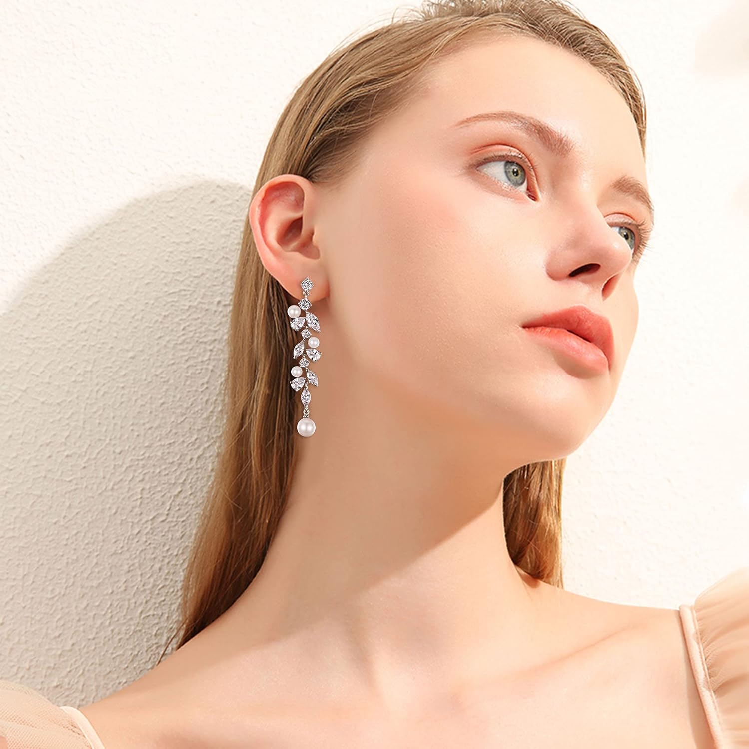 EleQueen Cubic Zirconia Simulated Pearl Teardrop Dangle Earrings Jewelry for Wedding Bridal - Image 2