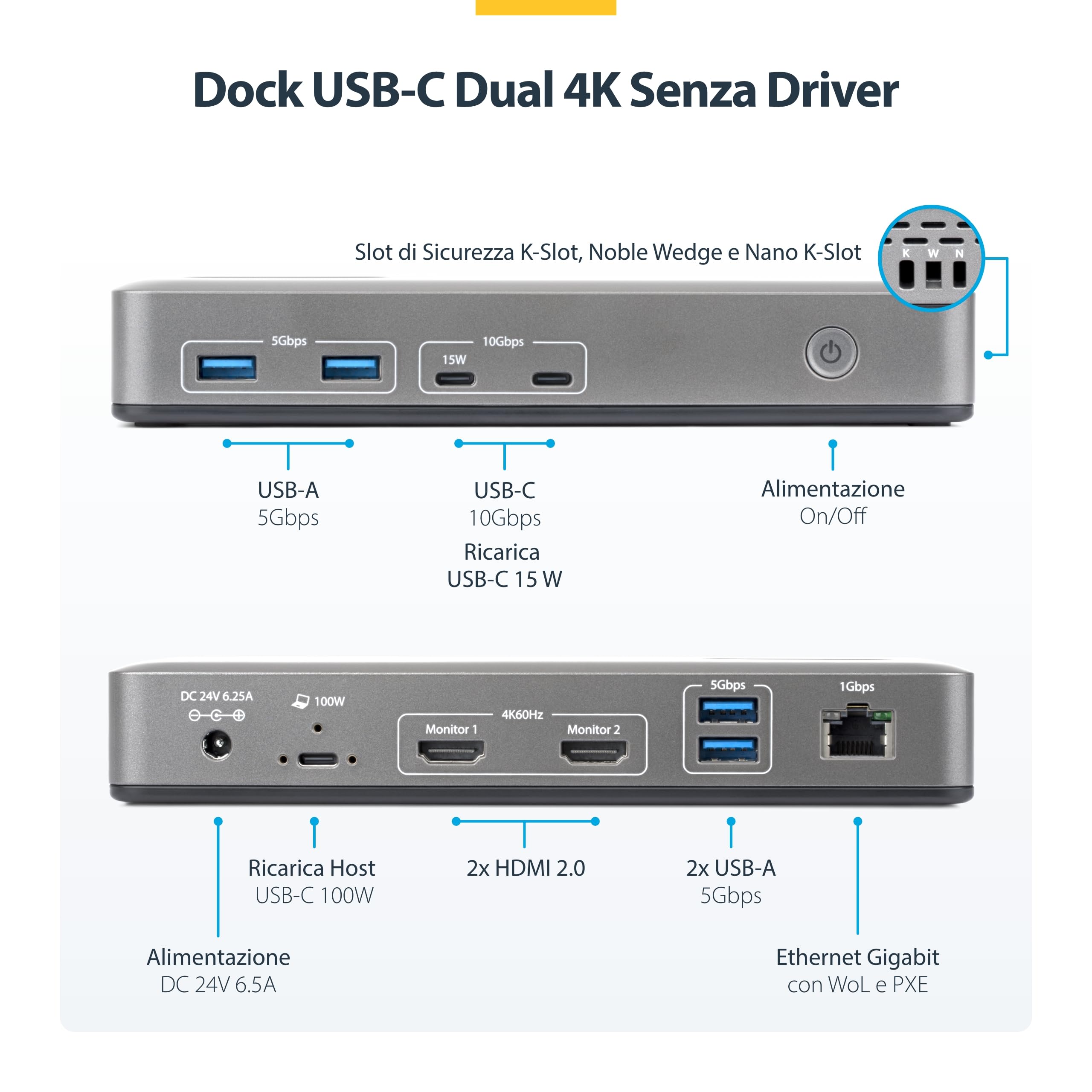StarTech Docking station USB-C Dual Monitor, 2x HDMI 4K 60Hz, PD 100W, 6x USB 10Gbps, Gigabit Ethernet, Driverless, DockpPer Laptop Windows DP Alt Mode