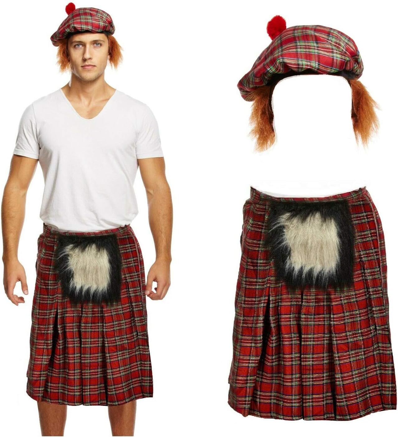 LizzyMens SCOTTISH COSTUME Scotsman KILT + TARTAN HAT Hair Burns Night Fancy Dress UK