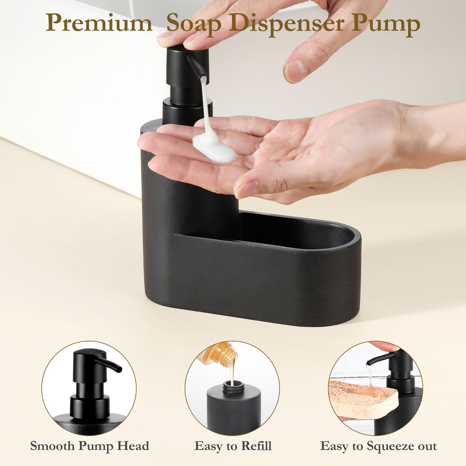Shinowa Dispenser di Sapone per Piatti con Supporto per Spugna, Riempibile Distributore di Sapone da Cucina, Erogatore di Sapone da Banco 2 in 1 per Lavello di Cucina e Bagno, Nero Ghiaia