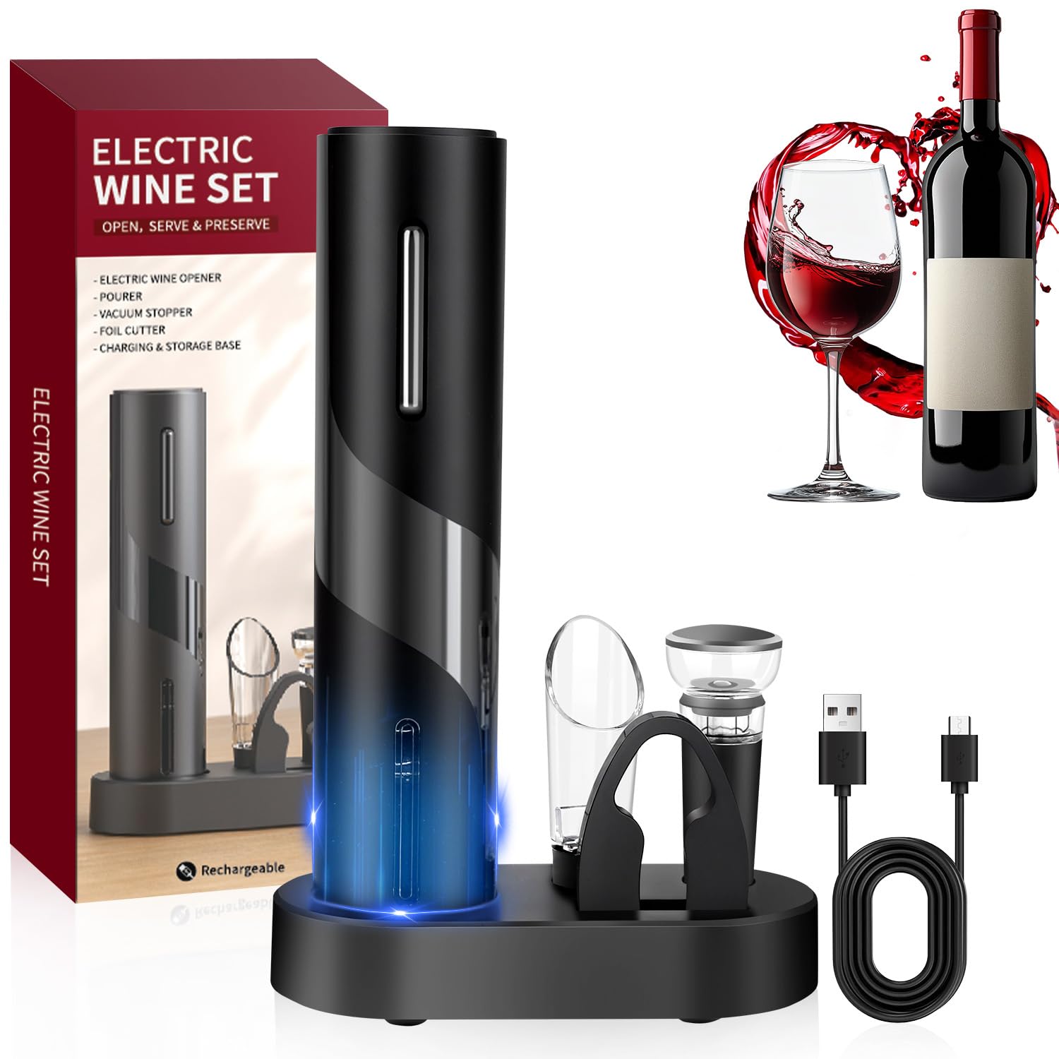 Hotec Cavatappi elettrico, apribottiglie di vino, apribottiglie automatico, idea regalo, apribottiglie per vino, cavatappi vino con tagliacapsule, cavo USB, beccuccio, tappo sottovuoto