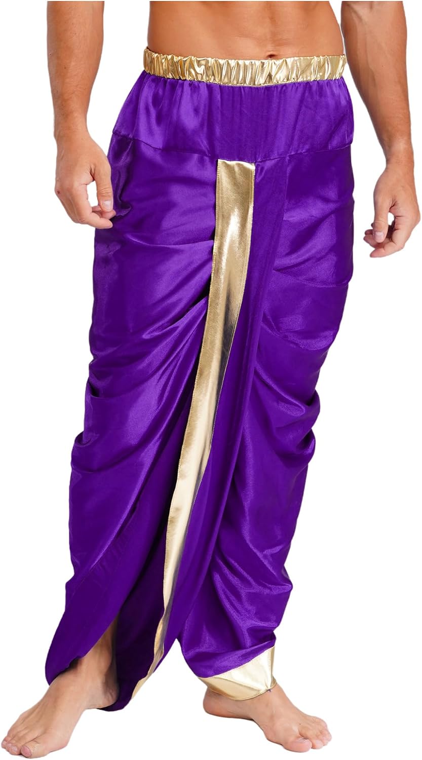 Lejafay Men's Readymade Shiny Silk Stain Dhoti Pants Indian Traditional Elastic Waistband Harem Pants