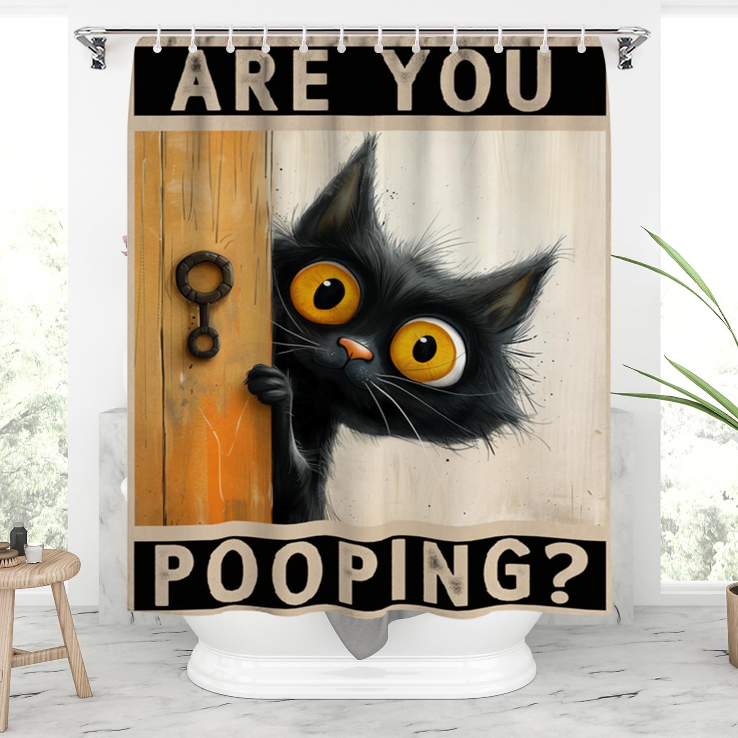 Funny Cat Shower Curtain,are You Pooping Sign Shower