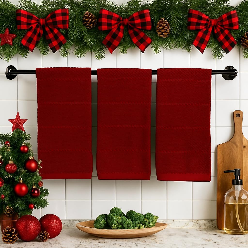 Maroon Dark Red Brick Red Kitchen Hand Dish Towels: Oversized 28" x 18",100% Cotton Cloth Soft Cleaning Drying Absorbent Textured Design, Set of 3 Multipurpose for Everyday Use (Brick Red) - Image 5