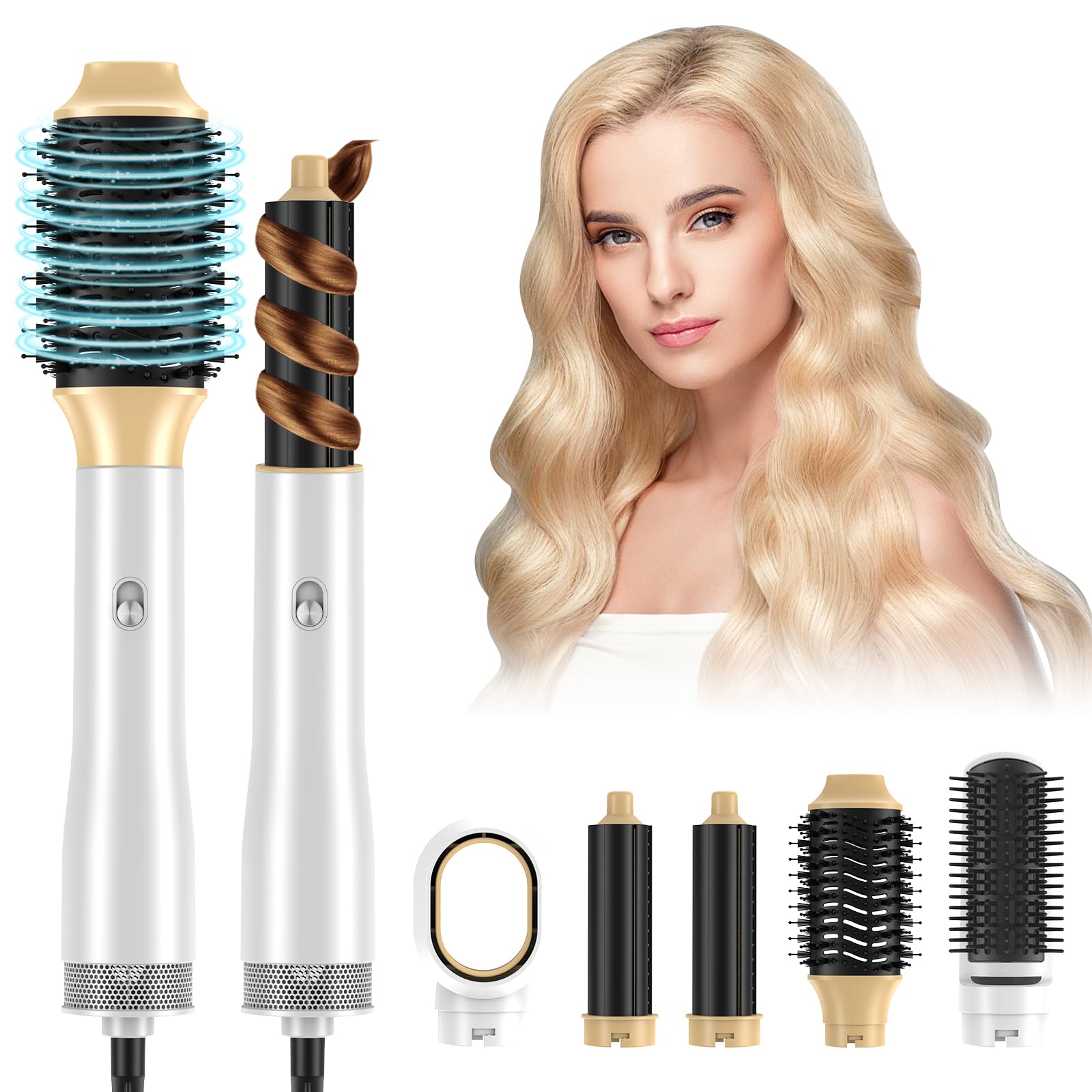 Cepillo de Aire Caliente, Air Styler 5 en 1, Cepillo Alisador Pelo, Cepillo Secador de Pelo, 5 Cabezales Intercambiables, 3 Temperaturas, Peinados Rápidos, para Seca Alisa (Oro blanco)