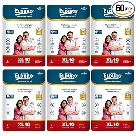 ELDURO Premium Unisex Adult Tape Diapers, XL Size 100-150Cm (40''-59''), 60 Count, Wetness Indicator, Leakproof, 14 hrs Overnight Protection, With Aloe Vera, Pack of 60