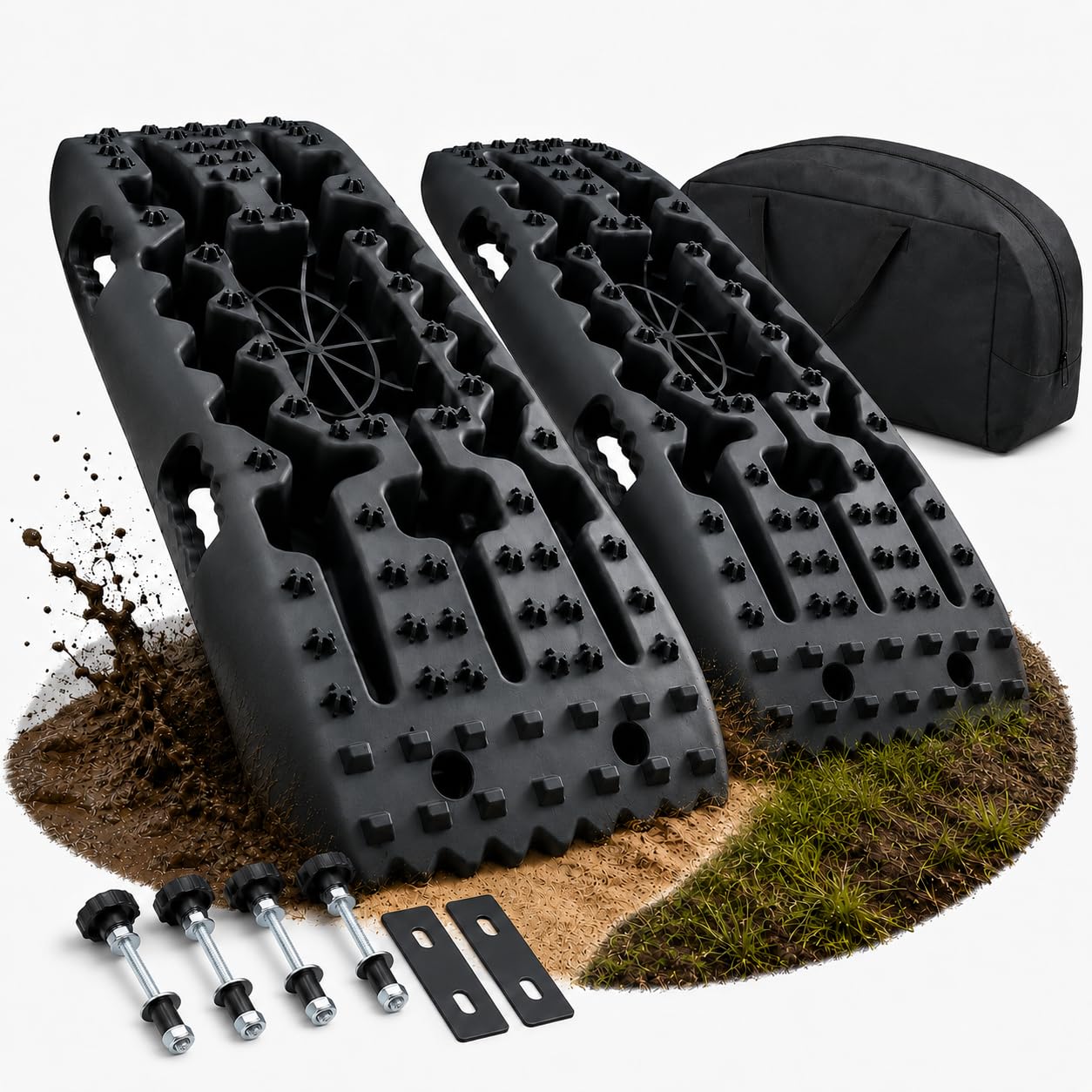 Sandbleche 2er Set Schwarz, Offroad Anfahrhilfe bis 10 t pro Paar für Wohnmobil, SUV, 4x4, Van & Camping, 69,5 x 27,5 x 6 cm, Recovery Boards & Sandboards mit Tasche