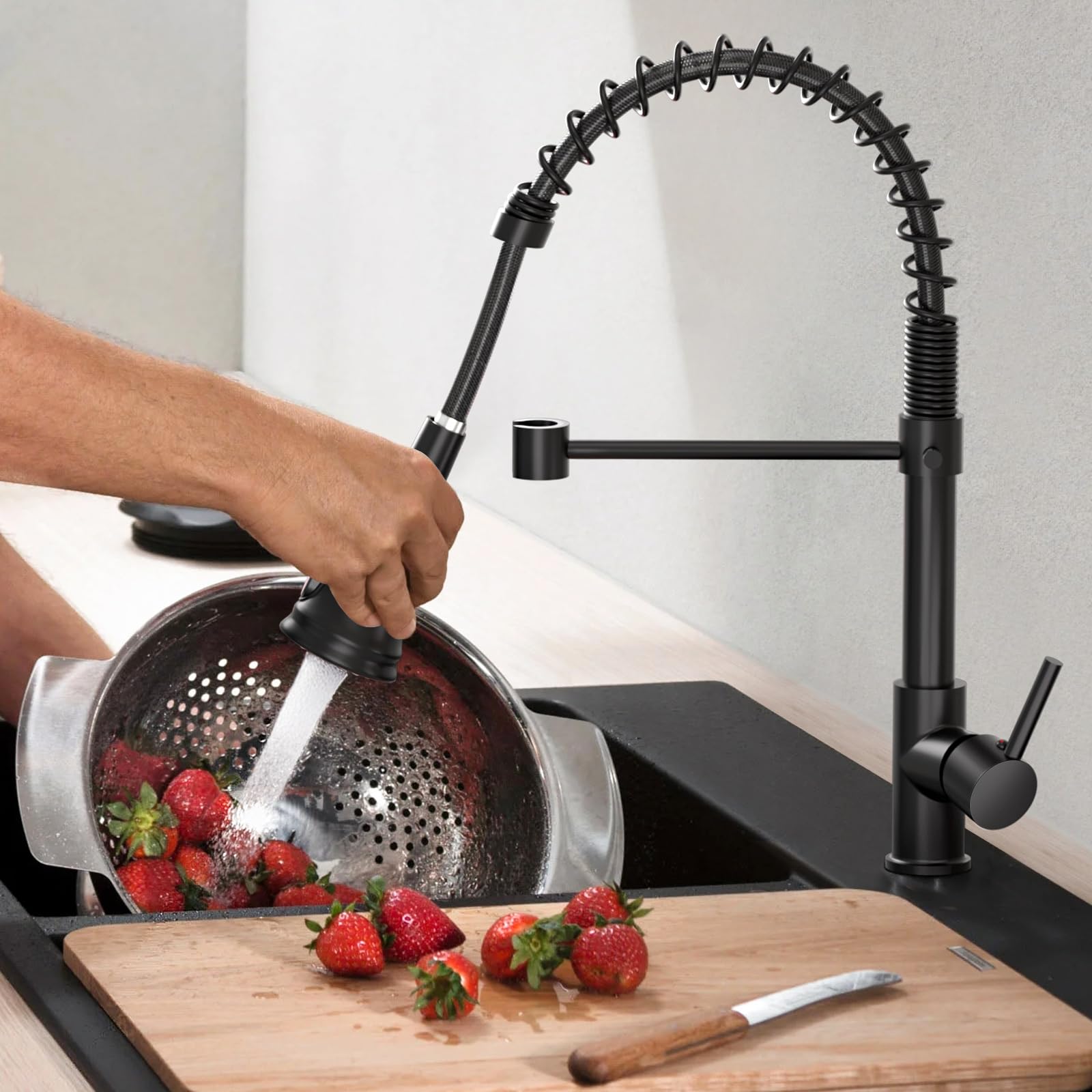 Hochdruck Küchenarmatur mit Brause Ausziehbar-3 Sprühfunktionen Wasserhahn Küche, 360°Drehbar Küchenarmaturen Armatur Küche, Edelstahl Schwarz