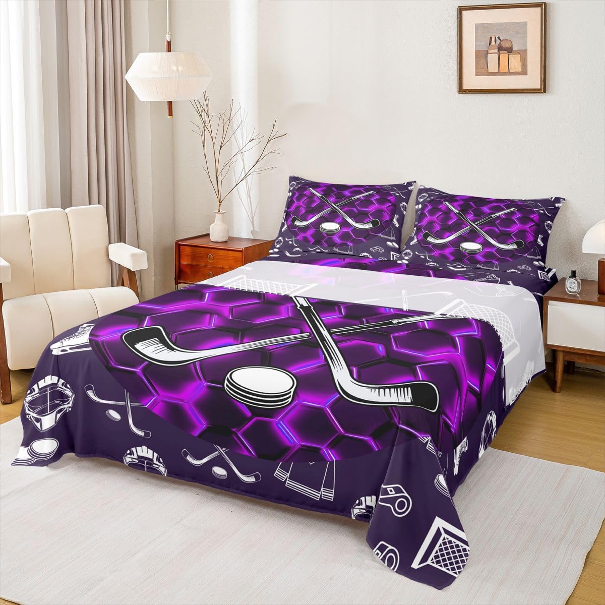 Erosebridal Hockey Queen Bed Sheets for Girls Women,Purple Black Neon Geometric Honeycomb Sheet Set Winter Sports Bedding Set Fashion Hexagon Ice Hockey Fitted Sheet + Flat Sheet + 2 Pillow Cases