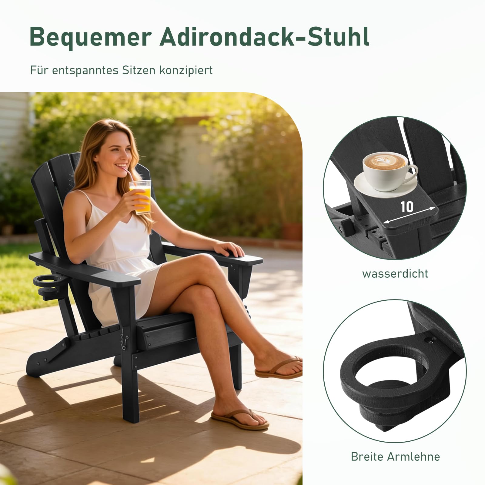 Adirondack Stuhl 2er Set Klappstuhl mit Getränkehalter, Wetterfest Gartenstuhl Patio Stühle, Gartensessel aus Kunststoff für Garten, Terrasse und Balkon, Schwarz 2pcs