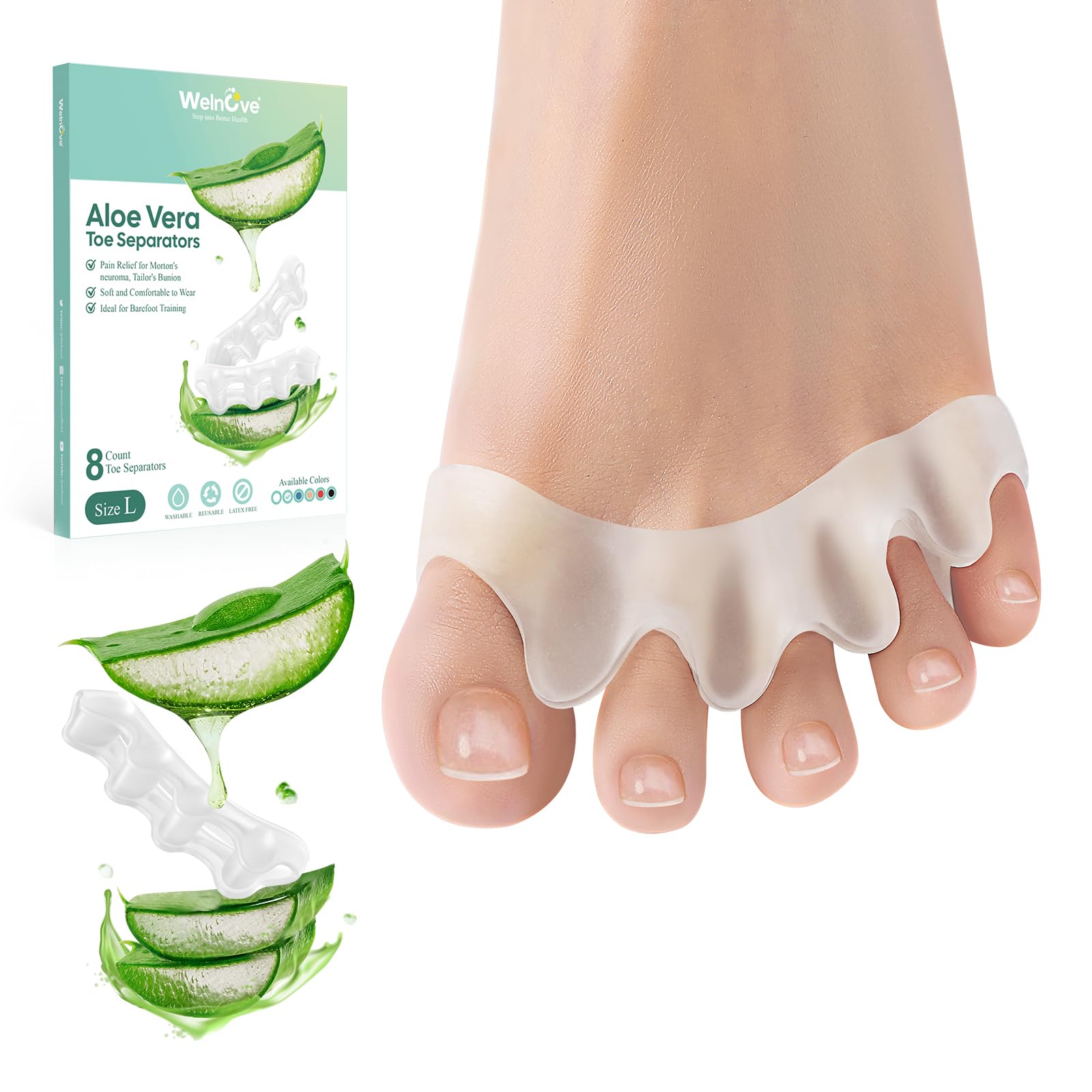 Welnove Toe Separators - 8 Pcs Toe Spacers for Women and Men - Restoring Toes to Their Original Shape - Silicone Toe Spreaders for Yoga Practice - Aloe Vera Infused
