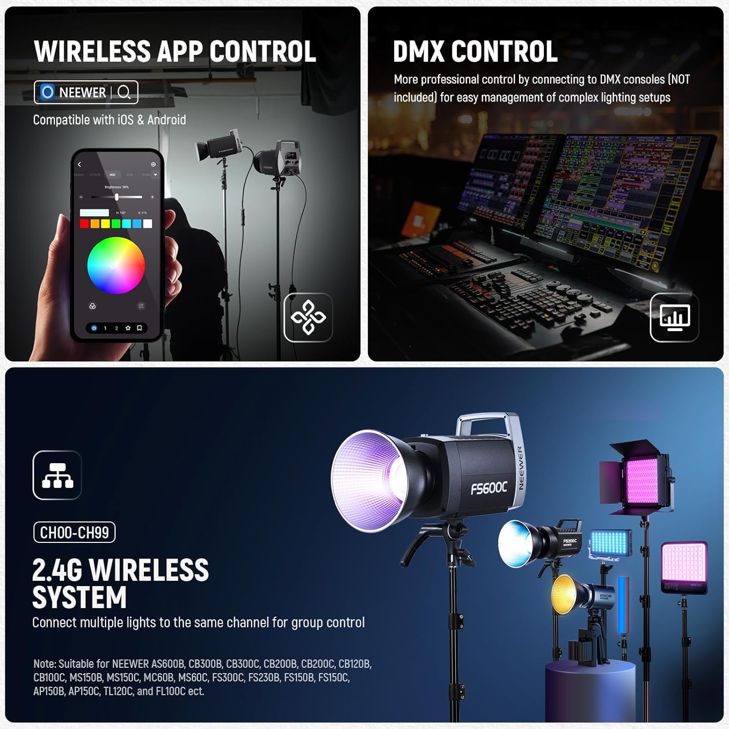 NEEWER Pro 600W RGB LED Video Light APP/2.4G/DMX Control, 2500-7500K 52500lx/1m COB Continuous Output Lighting, CRI95+/TLCI97+ Spotlight with Bag for Studio Photography Recording Streaming, FS600C