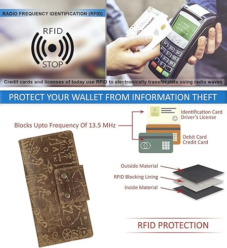 Miniatura 7 de Mou Meraki Cartera larga con bloqueo RFID de cuero genuino - Vintage Bifold para hombres (COGNAC antiguo)