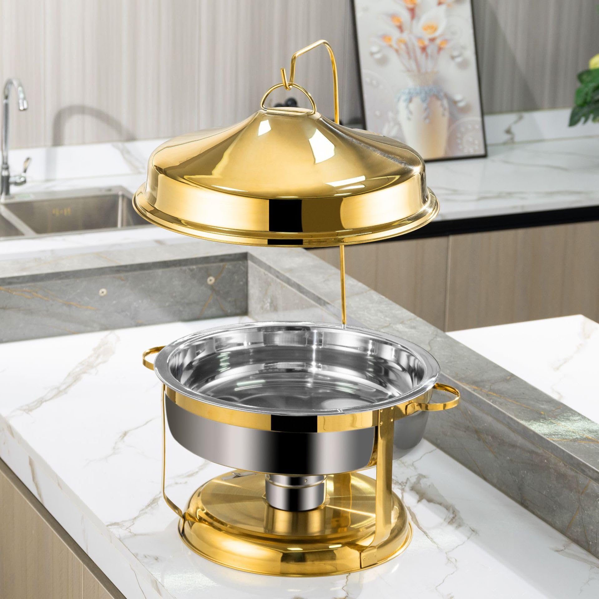 Calentador de alimentos de acero inoxidable dorado con tapa colgante, juego de recipientes para calentar alimentos en buffets para catering que incluye bandeja para alimentos, soporte para agua y com