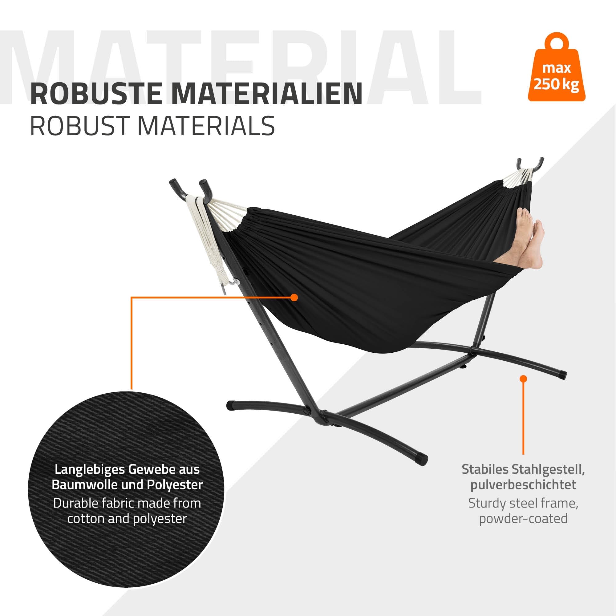 ML Design Amaca Doppia in Poliestere e Cotone Nero 275 x 110 x 98 cm con Supporto in Acciaio Spazio per 2 Persone Sedia Sospesa XXL Portatile con Borsa per Trasporto e Sacchetto Amache da Giardino