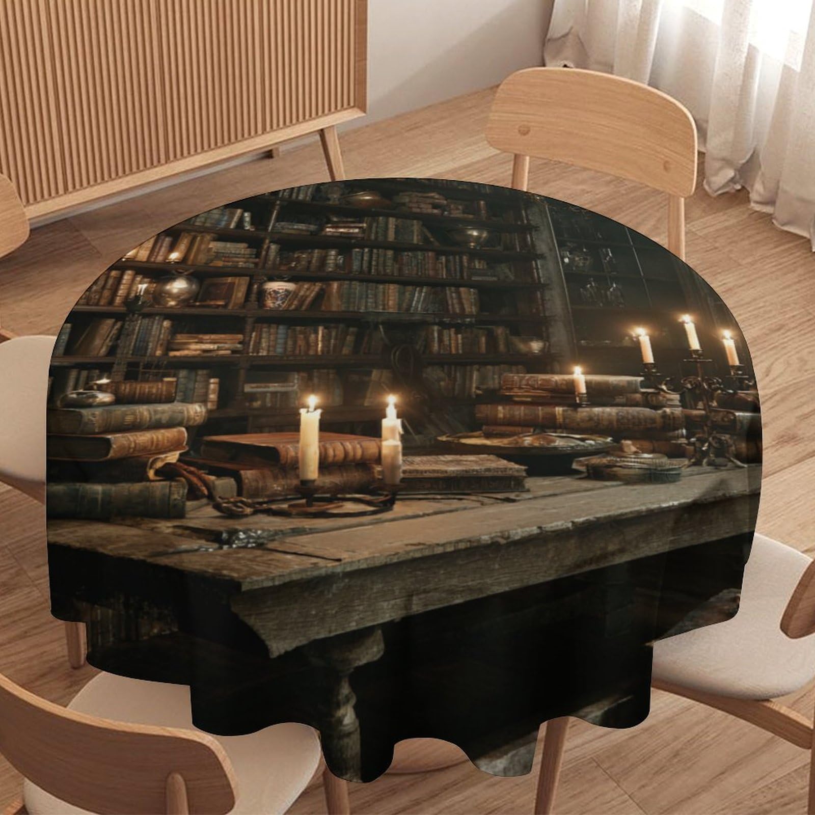 LUYYSKY Mid Century Watercolor Vintage Bookshelf Round Tablecloth Rustic Realistic Gothic Ancient Castle Library Print Washable Decor for Table Cover for Kitchen-177.8" Wx177.8 L cm