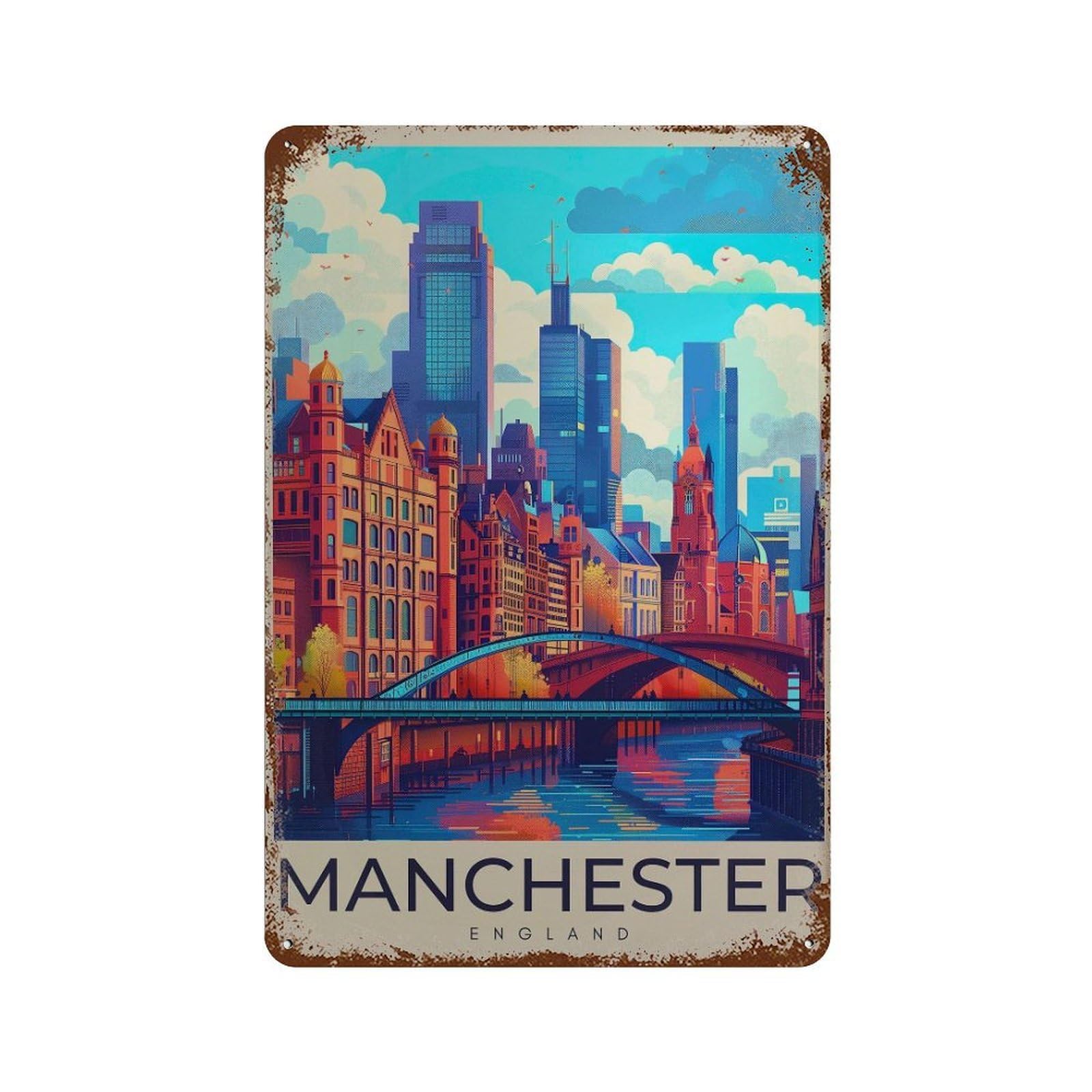 xiaoxiaoshen Manchester England Travel Vibrant Cityscape Wall Decor Art Metal Tin Poster Modern Home Decor Art Home Bar Shop Decorations Vintage Sign 30x20cm