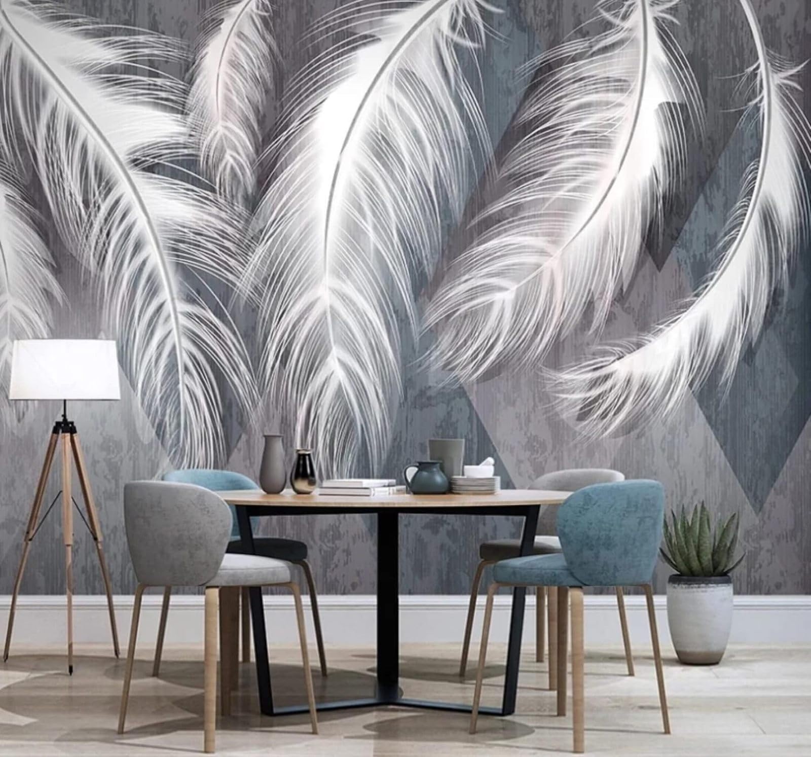 XLMING Retro Geometric Three Dimensional White Feathers 3D Wallpaper Luxury Silk Study Dining Feature Sofa Grey Bedroom Living Room Tv Decorative Wall-400cm×280cm