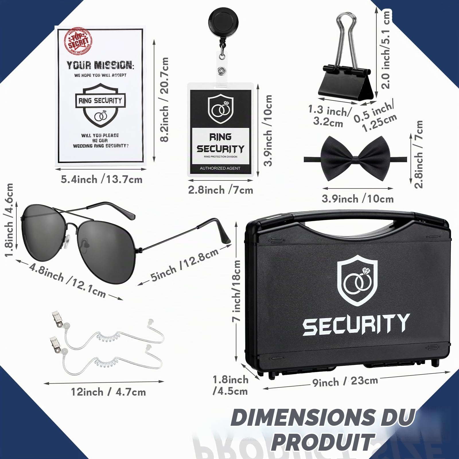 Mepase 14 Pcs Ring Wedding Bearer Security Set Include Ring Bearer Box ID Badge Holder Sunglass Acoustic Earpiece Tube Mission Card with Binder Clip Bow for Kids (PP Plastic Suitcase)