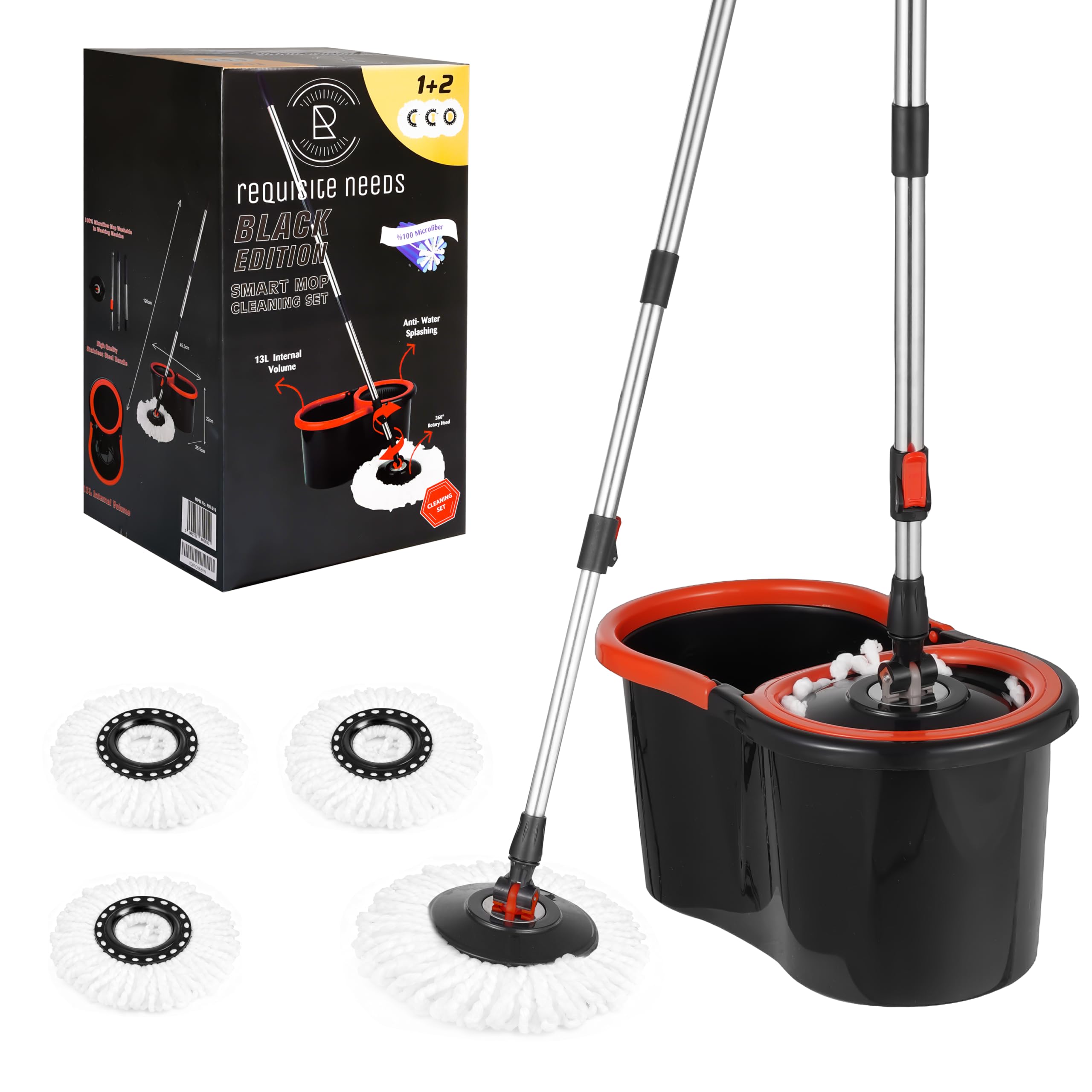 Smart Spin Mop and Bucket Set – Black edition – Anti-splashing Strong And Sturdy Material – Easy Floor Moping System – 1x Bucket + 3 Replacement Mop Heads – 13 Liter (Mop + Bucket)