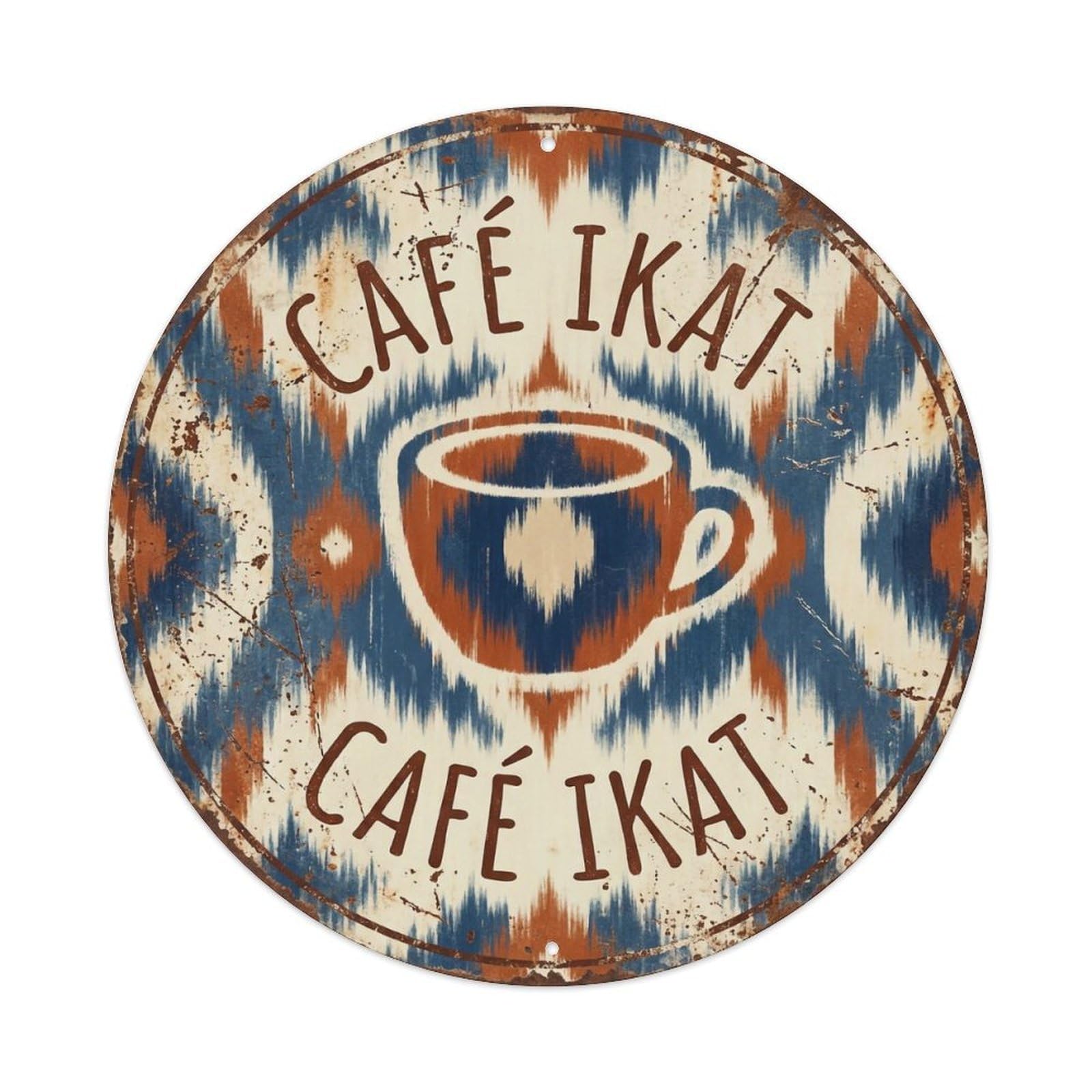 Ikat Tribal Bistro Cafe Metal Tin Sign Plaque Wall Decor for Cafe, Club, Garden Round Metal Poster 8x8Inch