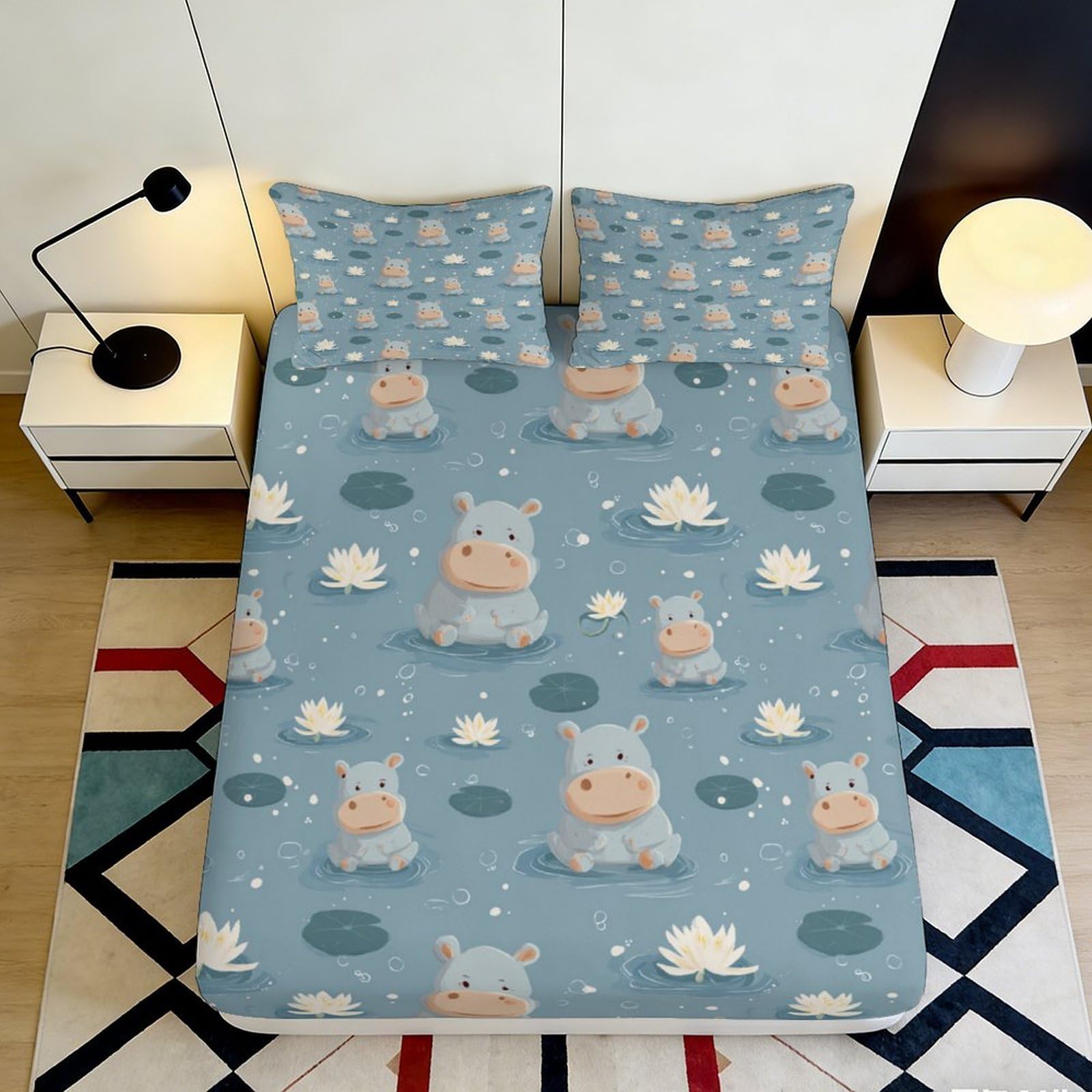 3D Printed Hippo Cartoon Fitted Sheet Microfiber Soft Blue Animal Bed Cover for Bedroom Guest Room Decor Easy Care 90x200x25cm