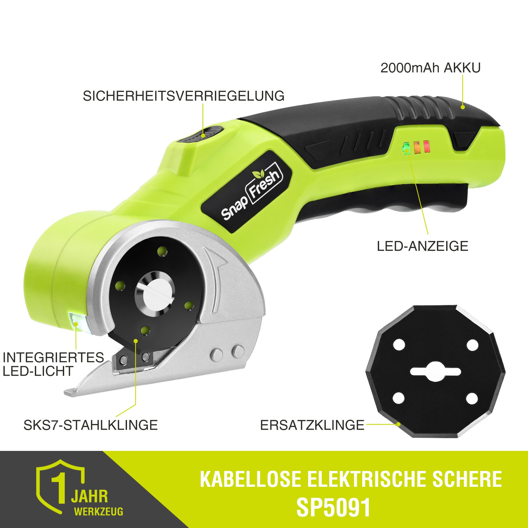 SnapFresh Kartonschneider Akku Elektrische Schere Rollschneider Kabelloser Universalschneider mit 2 Selbstschärfenden SKS7-Klingen & LED-Licht – Schneidet Karton, Papier, Teppich, Leder, Filz, PVC