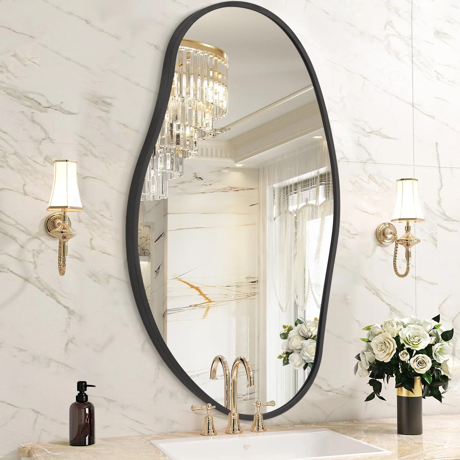HLFMVWE Asymmetrical Mirror for Wall, Black Irregular Mirror, Decorative Wall Mounted Vanity Mirrors Metal Frame, Modern Bathroom Vanity Mirrors for Bedroom, Living Room, 45x 75 CM