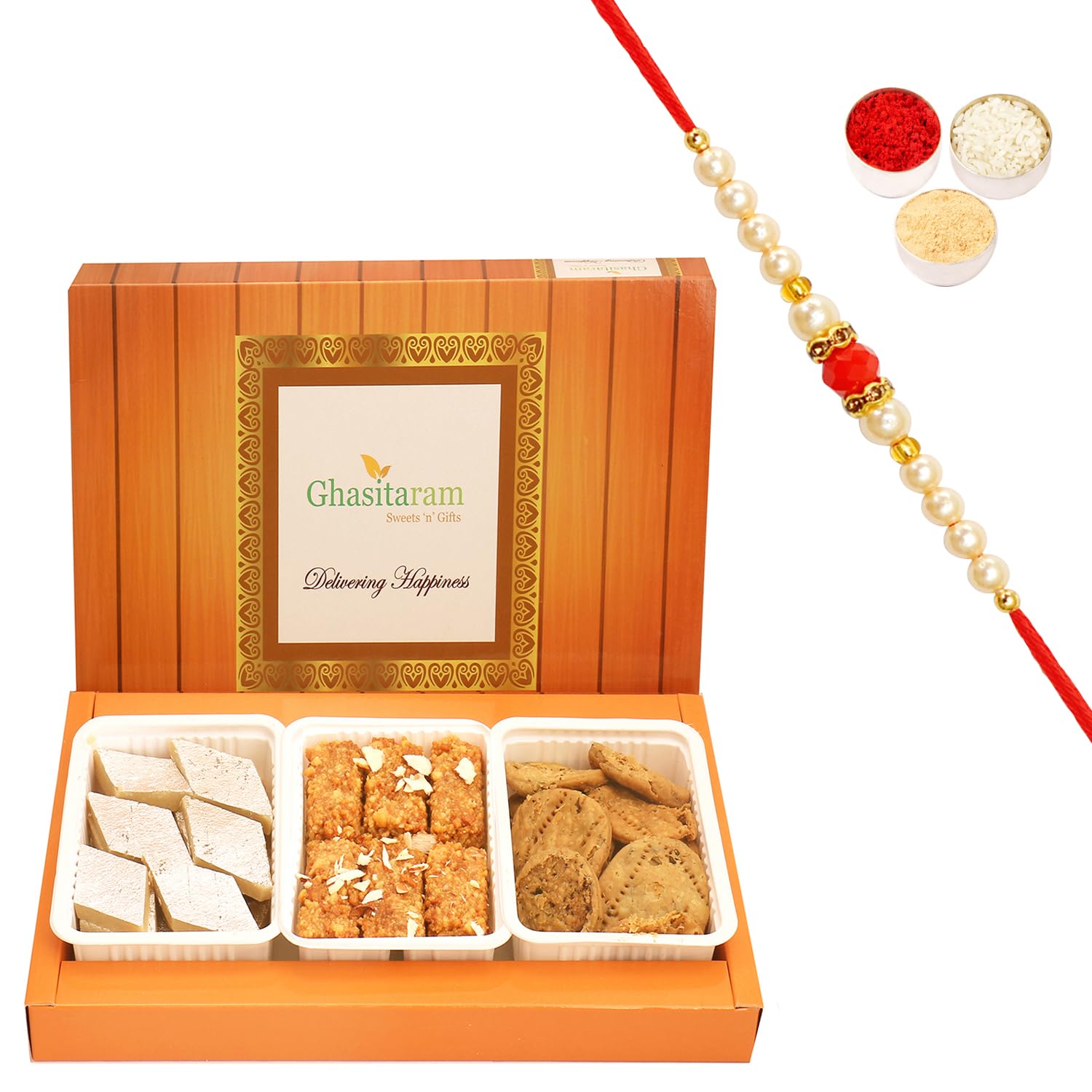 Ghasitaram Gifts Rakhi Gifts/ Rakhi Sweets - Assorted Box of Kaju Katli, Milk Cake and Methi Mathi with Pearl Beads Rakhi