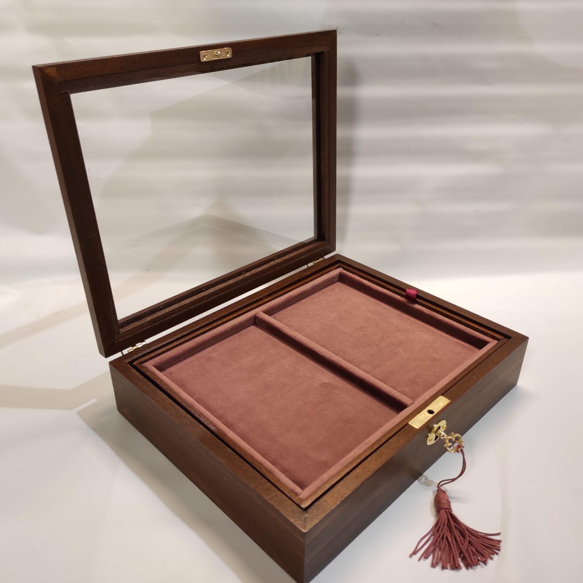 Joyero de madera con tapa de cristal, terciopelo interior, bandeja extraíble y portapendientes, personalizable con grabado, hecho a mano en Italia
