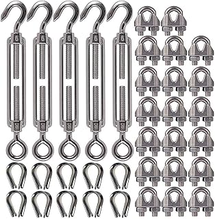 SagaSave Heavy Duty Stainless Steel Turnbuckle Kit M6 Flower Basket Screw M3 Loop Thimble 1/8 M3 Wire Rope Clamp for Lights Hanging Shade Sail Fence Wire
