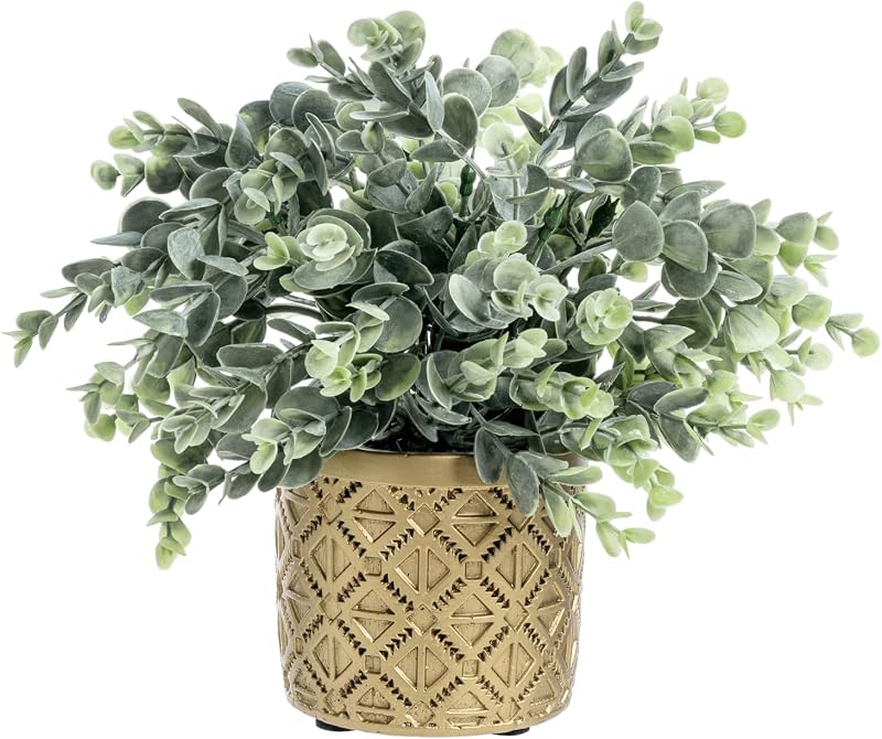Artificial Eucalyptus Boxwood Plant Gold Concrete Geometric Pot | Modern Embossed Round Planter, Realistic Foliage, Indoor Botanical Accent for Desk, Shelf, Table & Entryway Décor