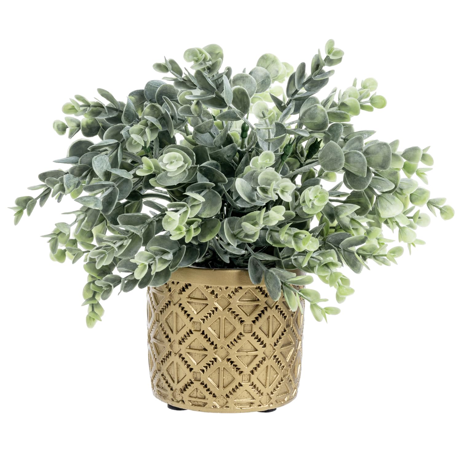 MyGift Artificial Eucalyptus Boxwood Plant in Gold Concrete Geometric Pot