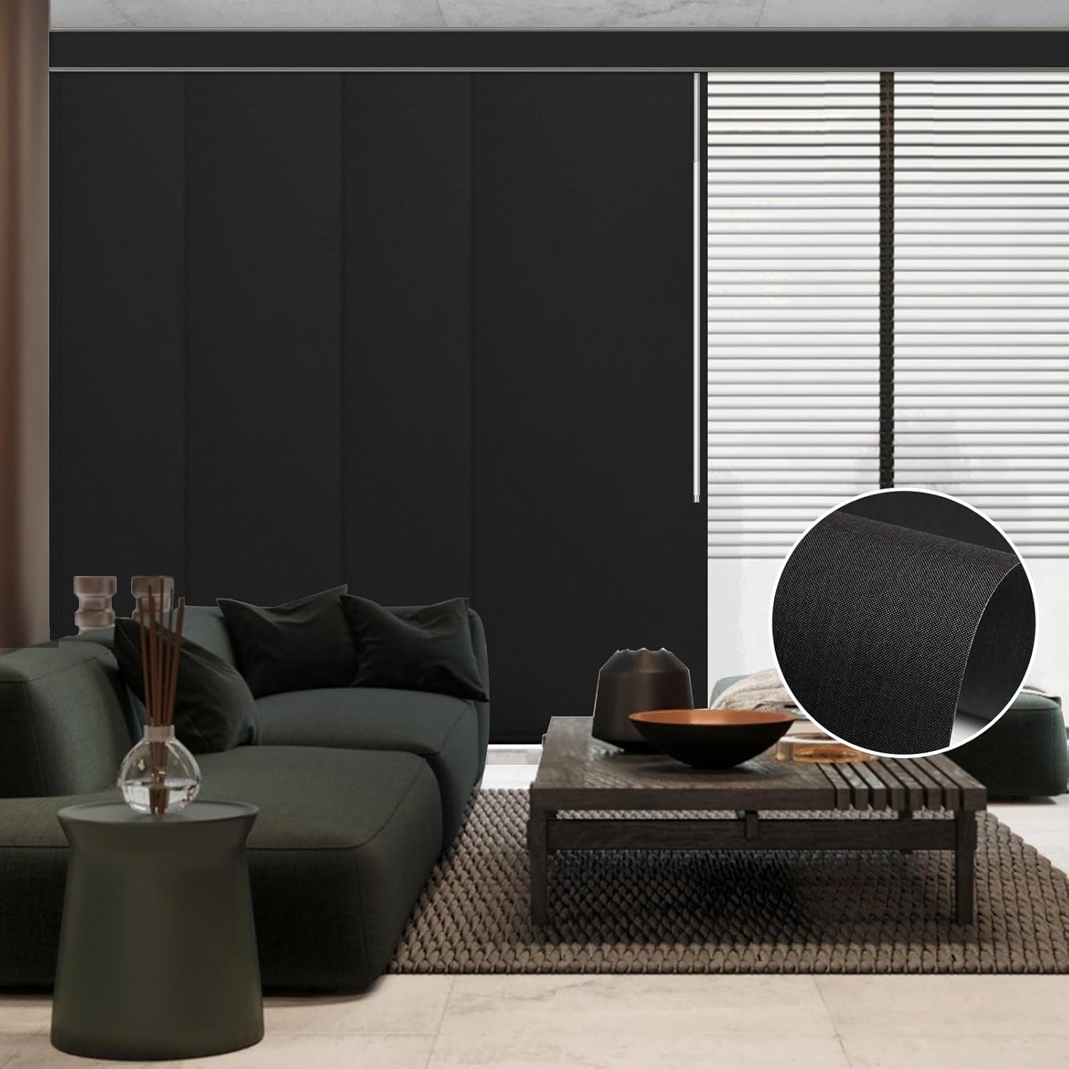 Graywind Manual Sliding Panels 100% Blackout Privacy Panel Track Blinds Wand Control Window Blinds for Patio Sliding Glass Door Large Windows Width Up to 153", Custom Size (Dark Grey)