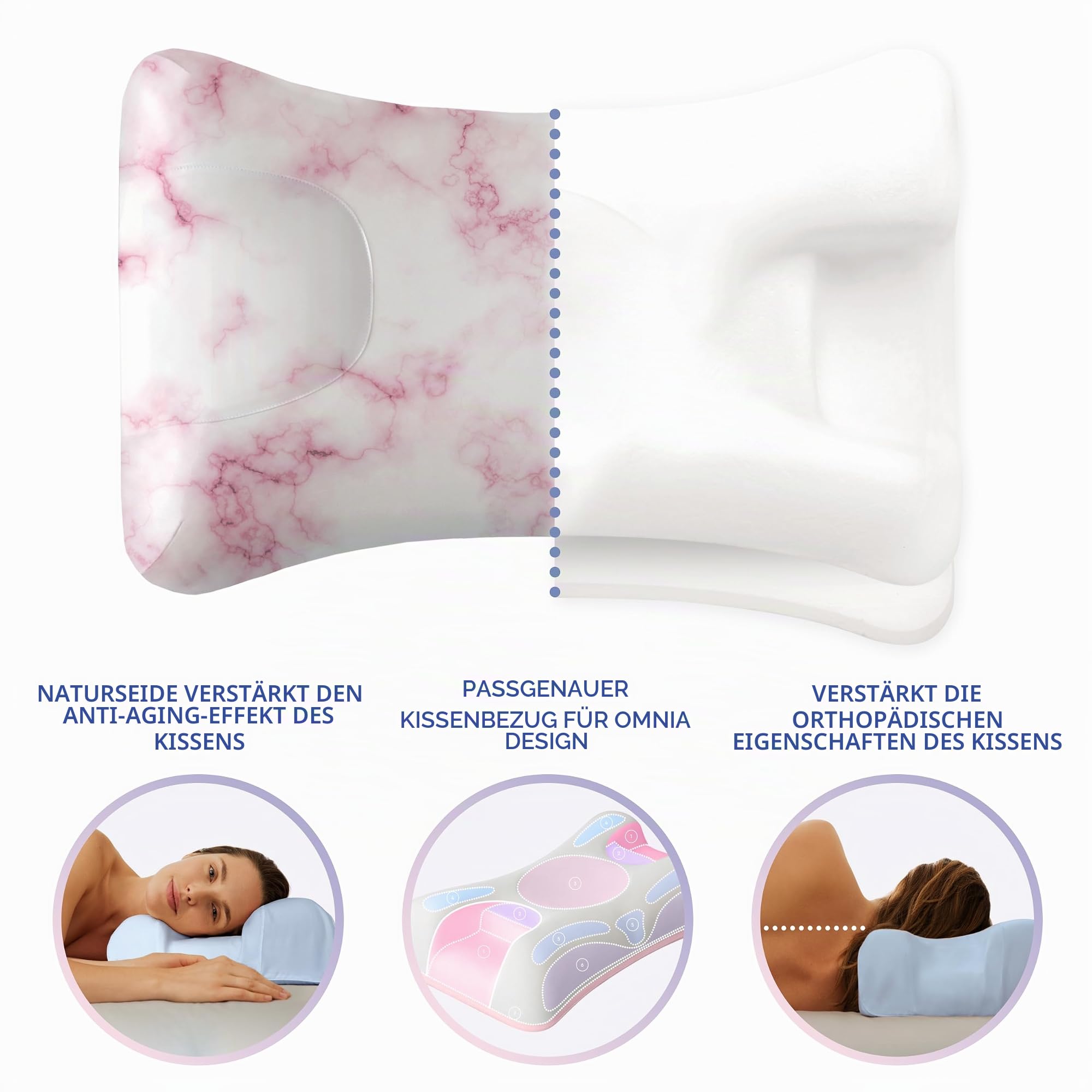 Sleep&Glow Omnia-Kissenbezug Naturseide Omina Anti-Falten-Kissen - Seidenkissenbezug für Haar- und Hautpflege - 19mm Maulbeerseide der Güteklasse 6A, Rosa Marmor