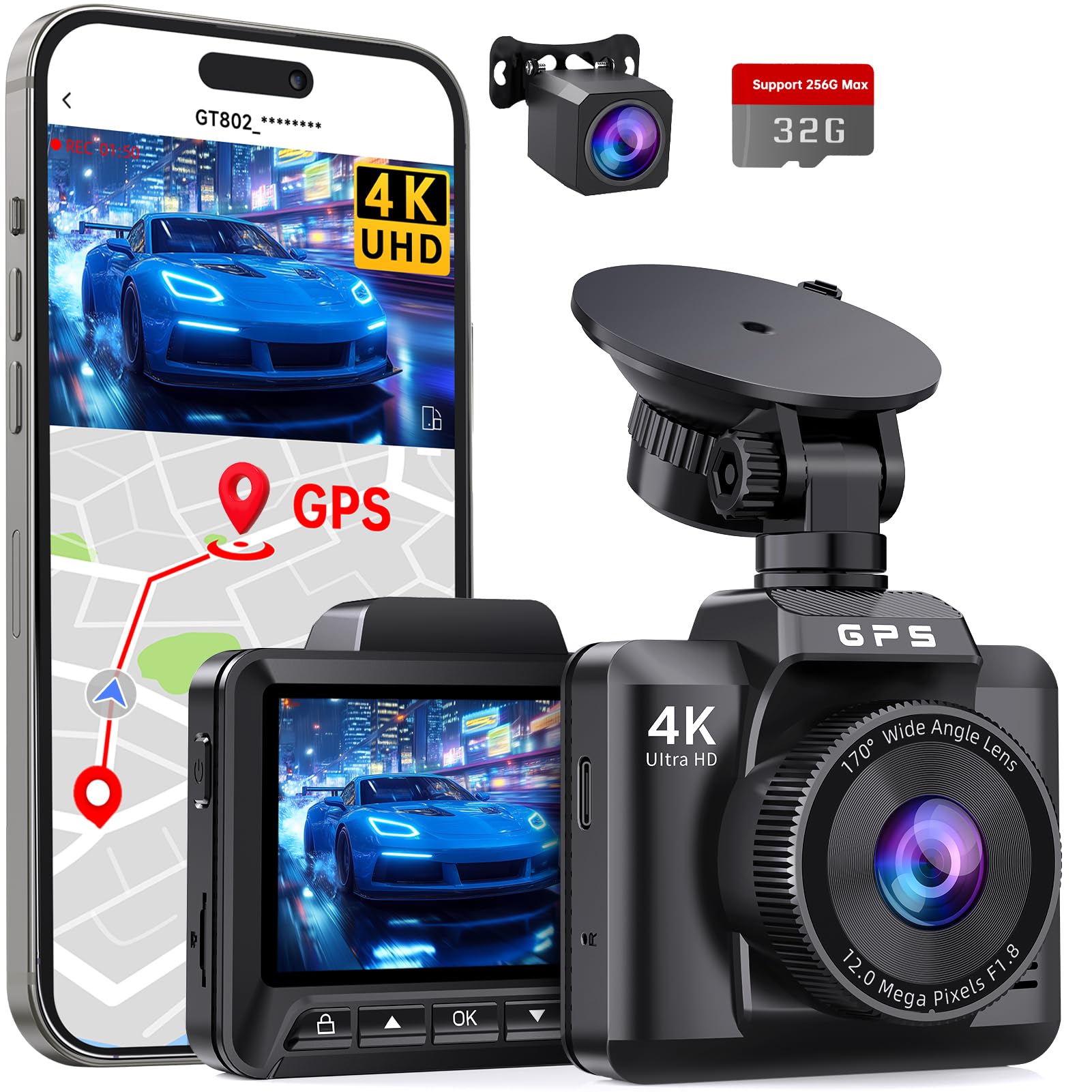 Dashcam Auto Vorne Hinten 4K+1080P, Dash Cam Auto mit GPS WiFi, Parküberwachung, Dual Autokamera mit 32GB Karte, 170° Weitwinkel, Super Nachtsicht, G-Sensor, Loop-Aufnahme, APP Steuerung, Max 256GB