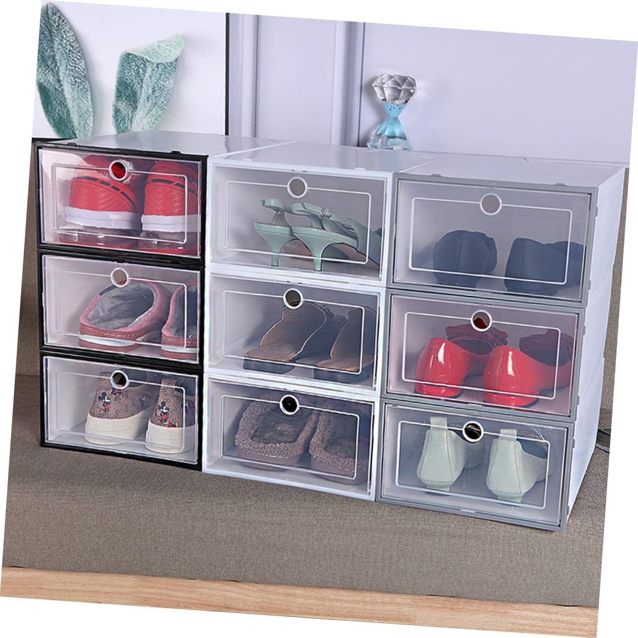 Happyyami 6pcs Plastic Stackable Shoe Boxes Simple Storage Organizer for Shoes Window Design Easy Access Dustproof
