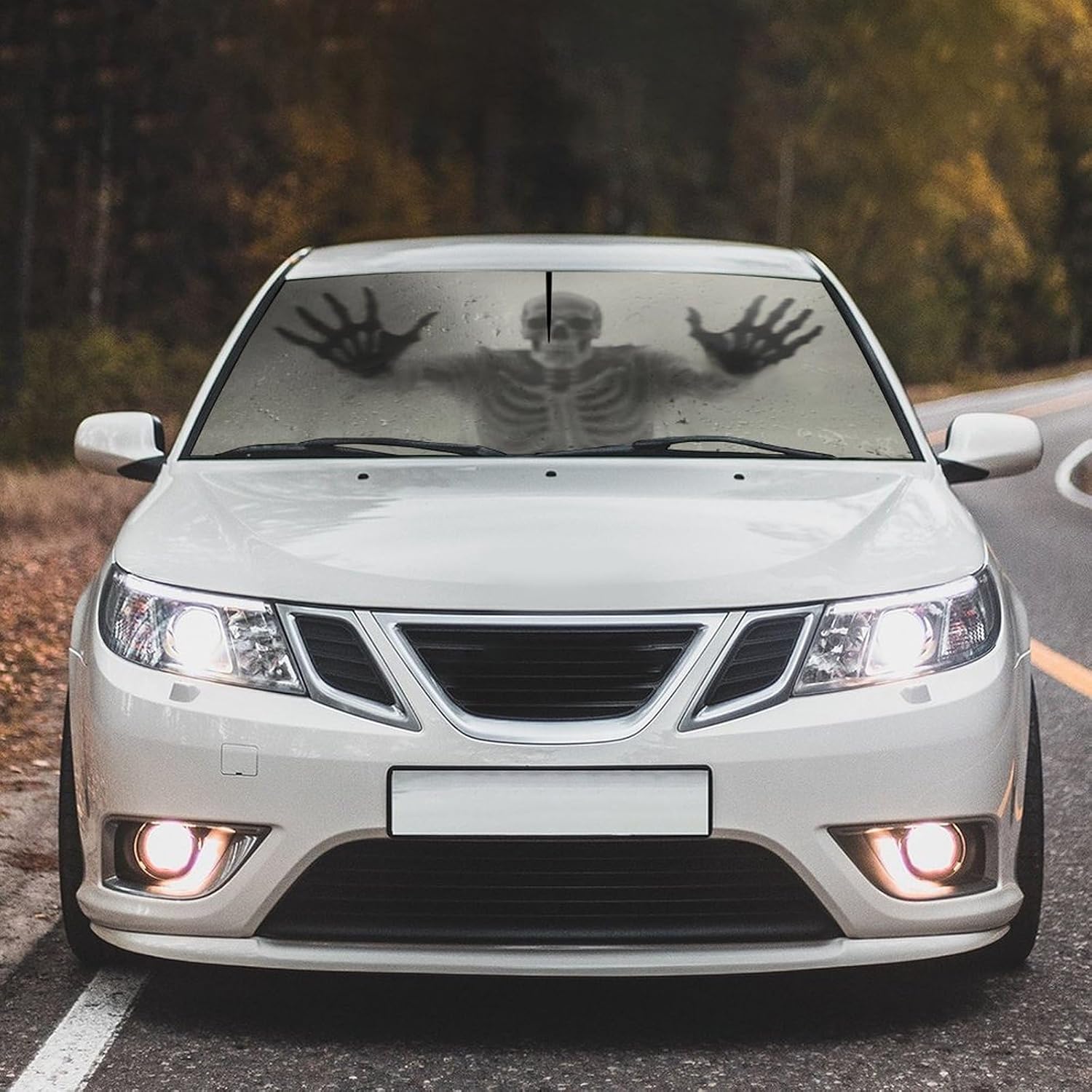 Socira Ghost Skull Car Windshield Sunshade Umbrella Foldable Horror Umbrella Funny Sun Shade Windshield Cover Creepy Skeleton Sunshade Skull Car Accessories Keeps Cool (57" X 30")