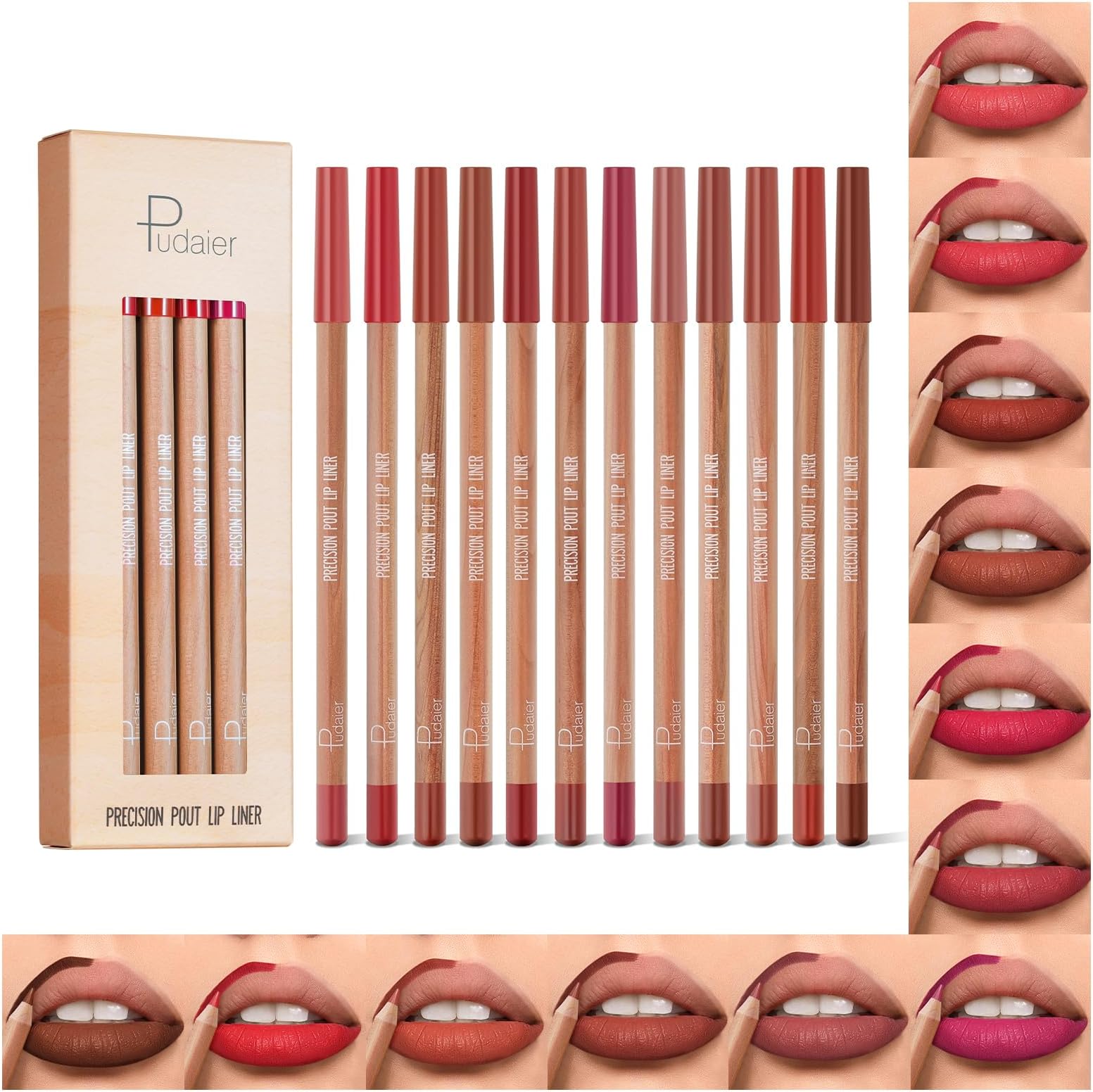 Lip Liner Set, 12Pcs Pure Natural Oak Brown Pink Red Series Lip Liners, Smooth and High Pigmented Lip Makeup Pencil