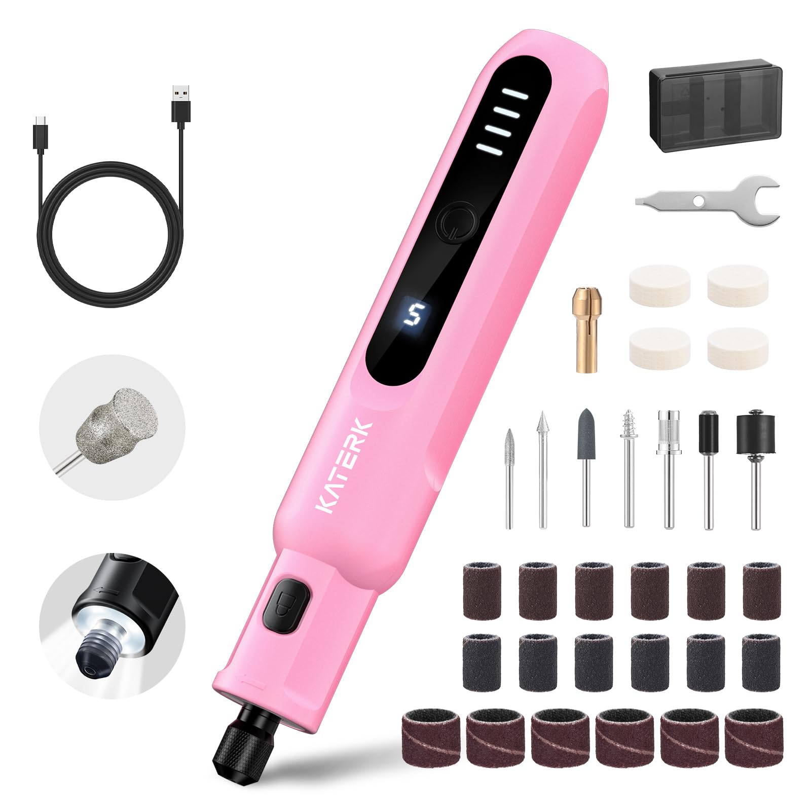 Katerk Pet Dog Nail Grinder - 5 Speed Quiet Electric Dog Nail Trimmer with 360&deg;LED Light, 2500mAh Rechargeable, 32PCS Cordless Rotary Tool for Small Medium Large Dogs & DIY Sanding, Carving (Pink)