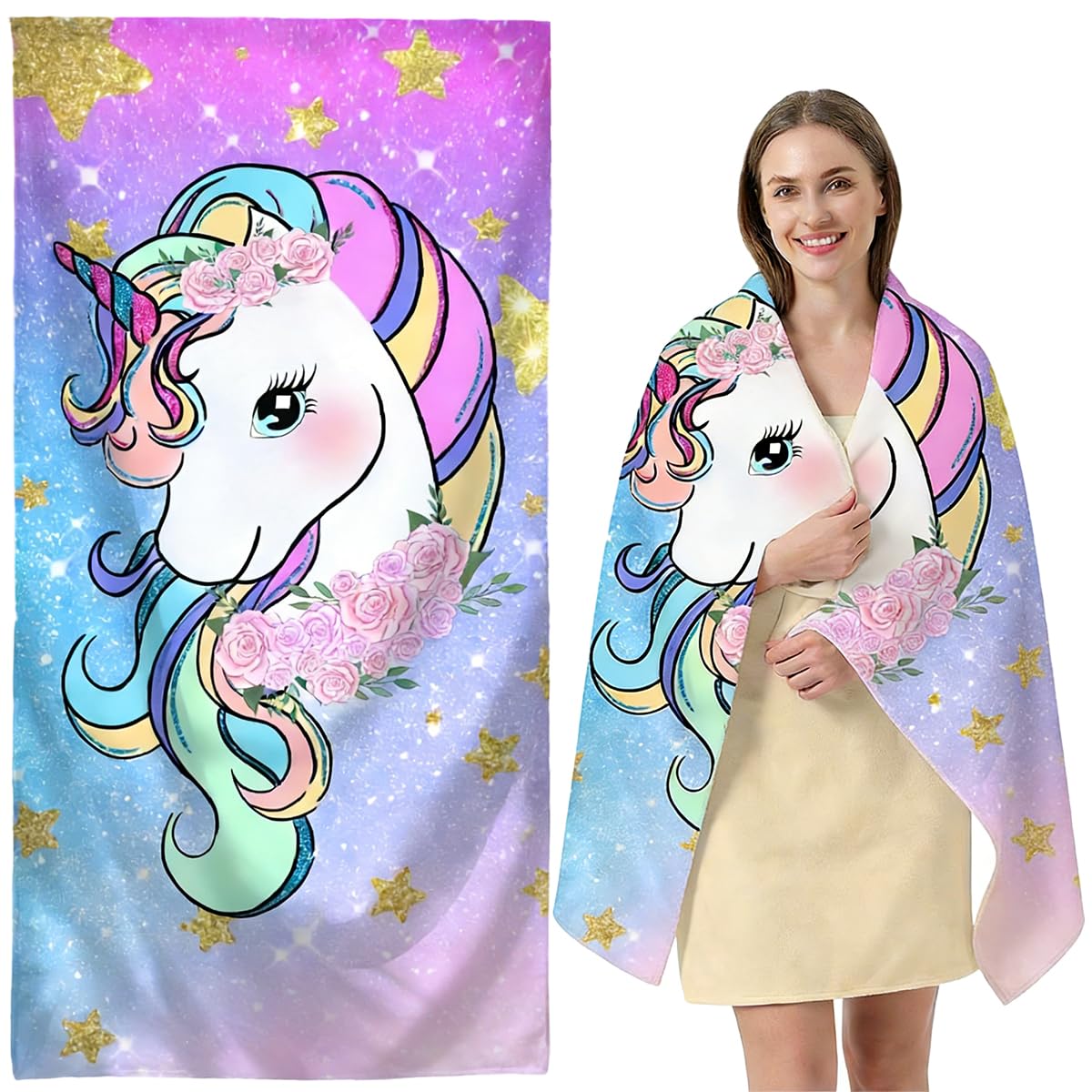 WFKKMEQ Unicorn Beach Towel, Quick Dry Microfibre Towels Super Absorbent Sandproof Beachs Bath Towels Pool Towel SwimmingTowel Lightweight Printed BeachTowels for Camping Bath Swimming(75 * 150CM)