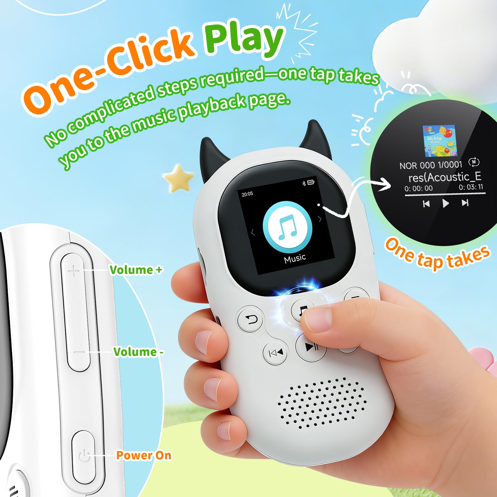 64Go Lecteur MP3 Bluetooth 5.3 pour Enfants,Lecteurs MP3 avec Haut-parleurs, Radio FM, réveil, Batterie 750 mAh, Cordon Gratuit,Jouez de la Musique en Un Seul clic，Carte TF Extensible de 128 Go