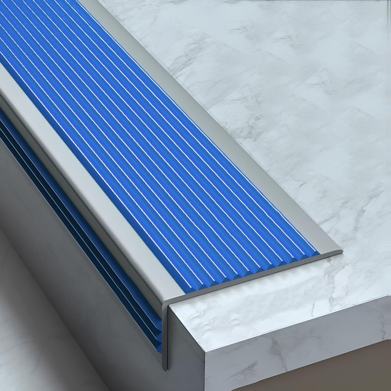 Tiras protectoras de bordes de vinilo autoadhesivas impermeables y antideslizantes en forma de L para bordes de escalones, tratamiento de suelo azul (5 cm x 2,5 cm x 15 m)
