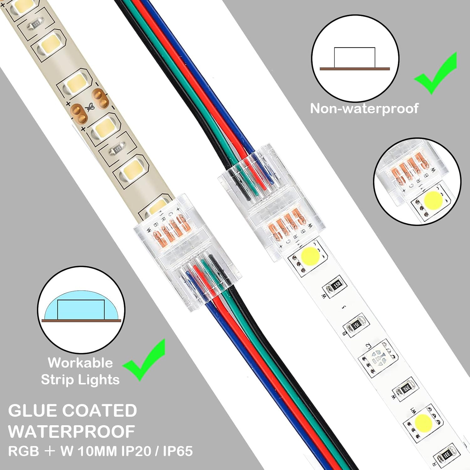 Zhengmy 10 Pack 4 Pin 10 mm Solderless LED Strip Light Connectors, Track Lighting Connectors for Waterproof RGB LED Strip Lights 16.4 ft Conductor Extension Cable with Screwdriver(4 Pin)